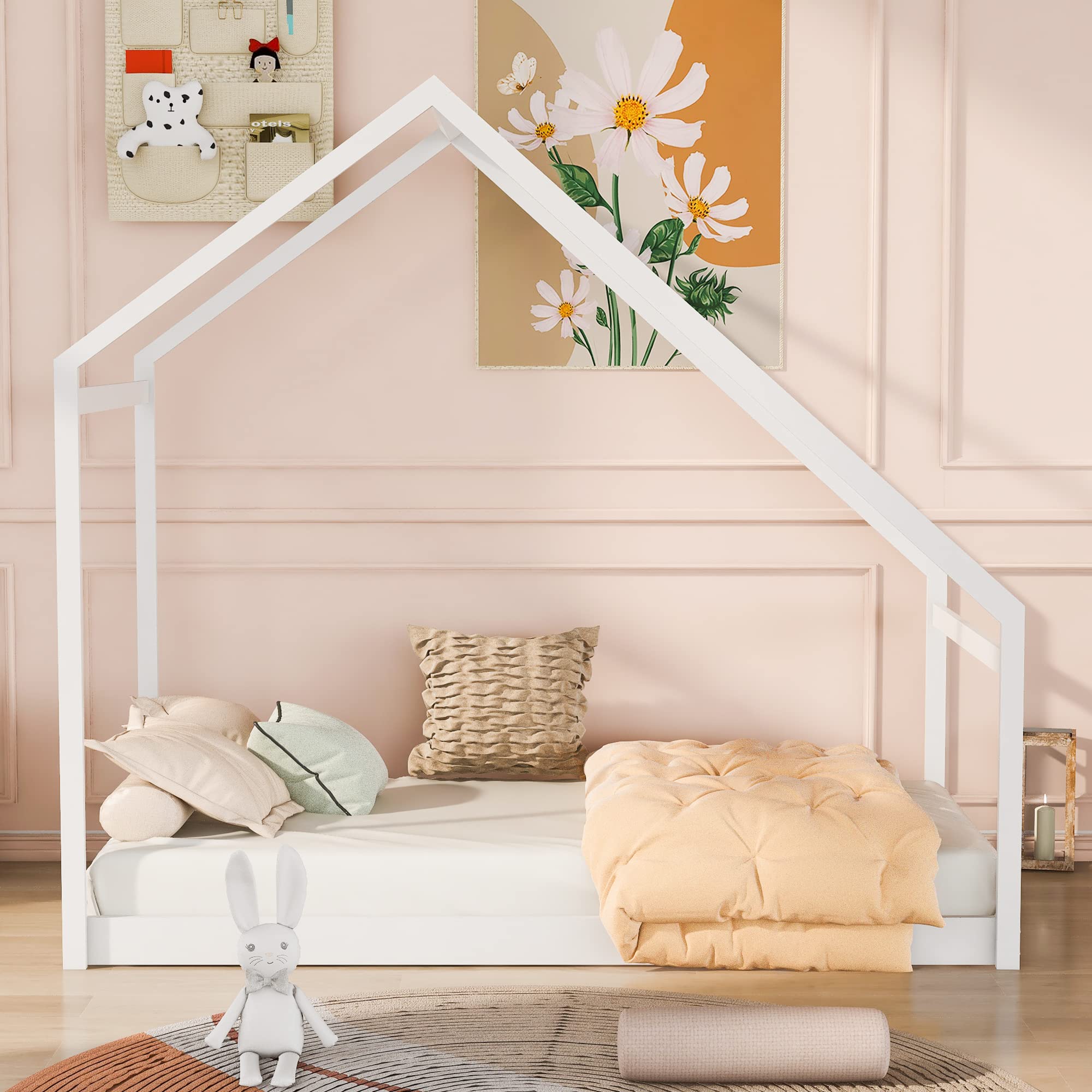 SOFTSEA Twin Size Floor Bed Frame for Kids - Low Profile Wooden Platform Bed with Slats, Sturdy & Safe for Toddlers - Perfect for Montessori Bedrooms, Daycare Centers, and Small Spaces