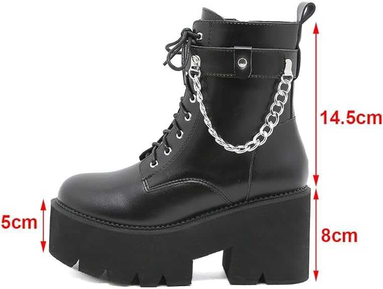 Gothic Women's Platform Motorcycle Boots - Mid Calf Black Patent Leather Goth Boots for Biker Fashion & Alternative Style | Perfect for Concerts, Nightclubs, and Motorcycle Riding