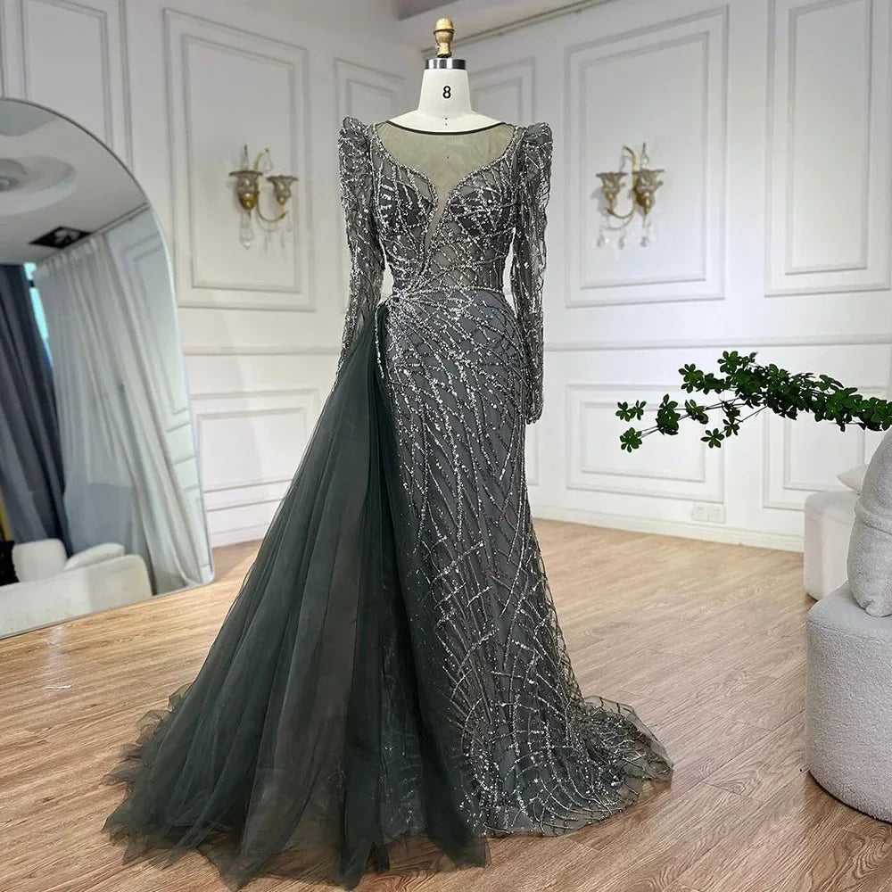Luxury Muslim Gold Mermaid Evening Dress with Beaded Details & Overskirt - Dubai Style Formal Gown for Women 2025 (LA72206) | Perfect for Weddings, Galas & Special Occasions