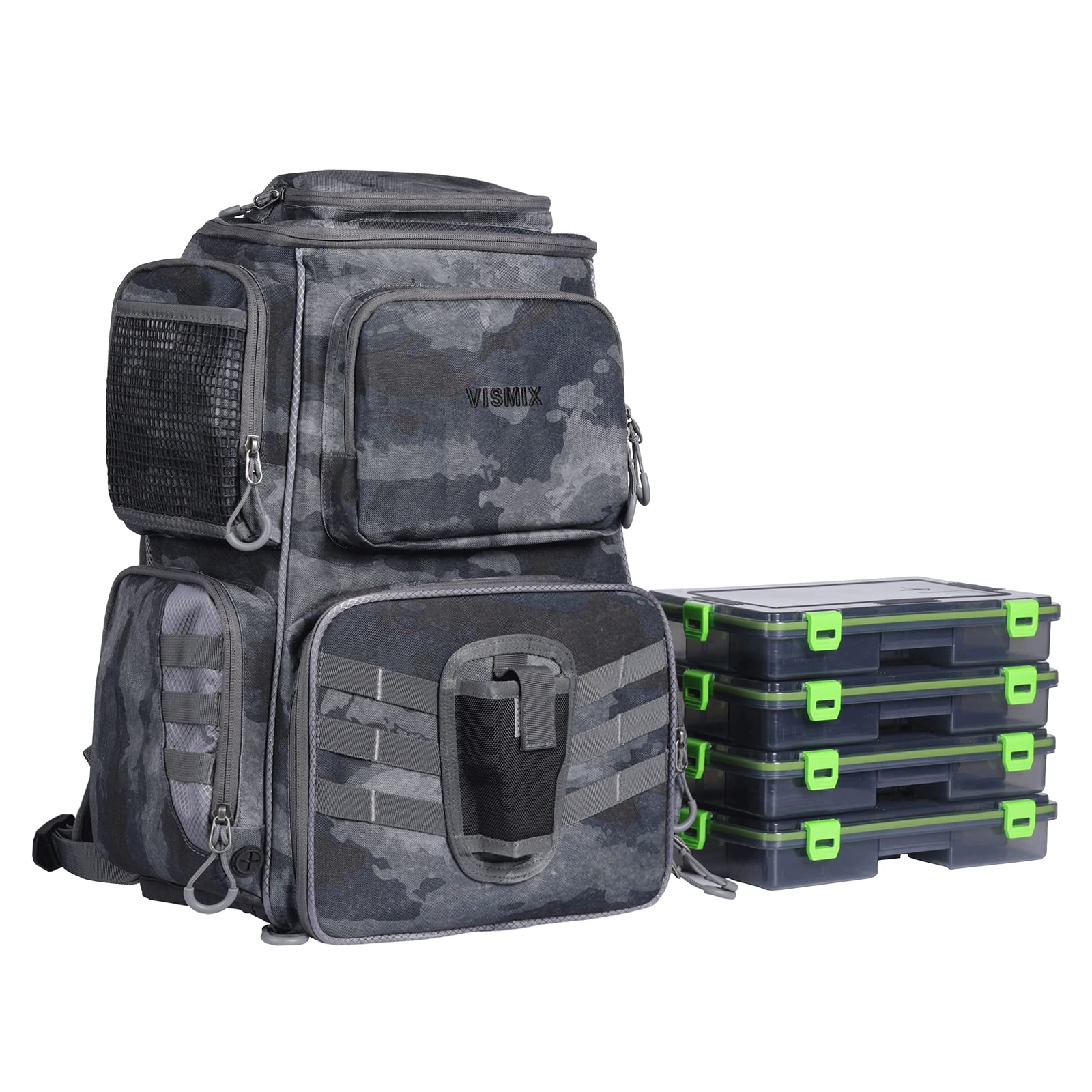 VISMIX Waterproof Fishing Tackle Backpack with 4 Tackle Boxes - Large Storage Fishing Bag with Rain Cover - Ideal for Trout Fishing, Outdoor Sports, Camping & Hiking Adventures