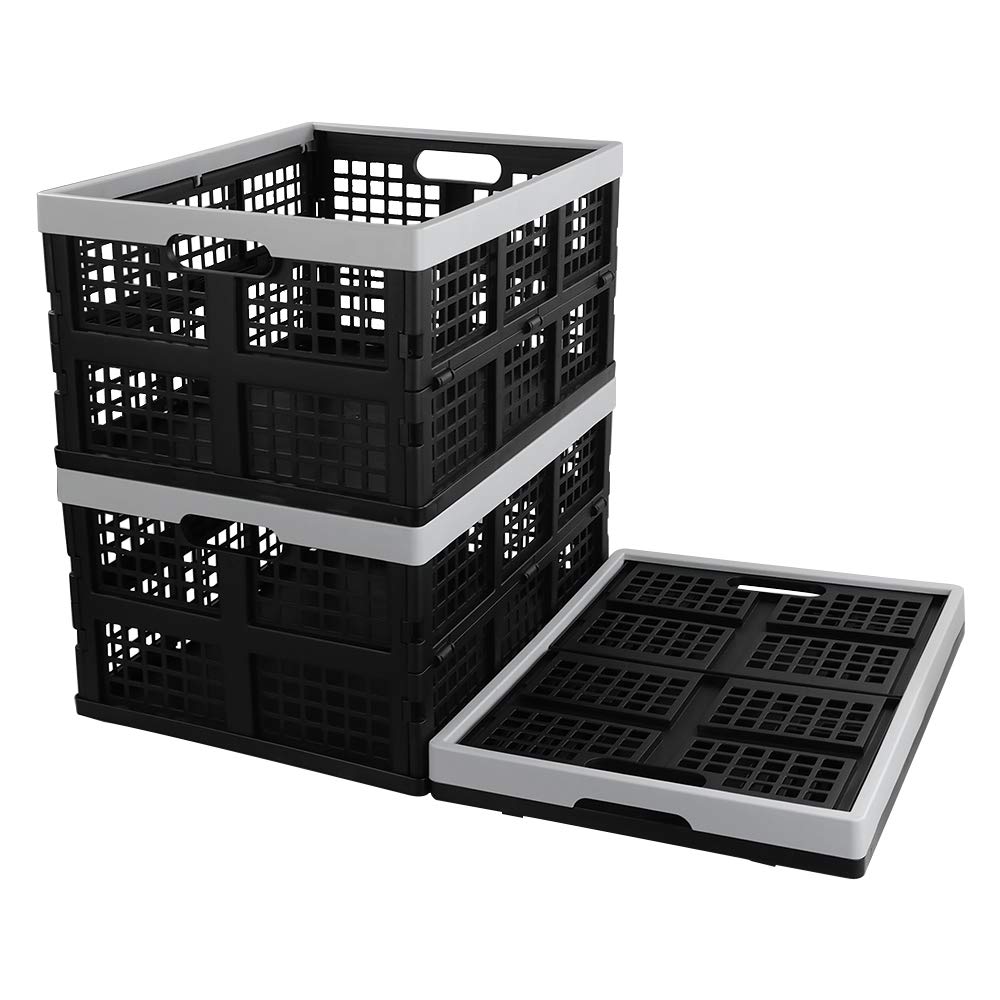 Kekow 28L Black Plastic Collapsible Storage Basket - 3-Pack Foldable Crates for Home Organization, Laundry, Toys & Closet Storage | Space Saving Design for Small Spaces