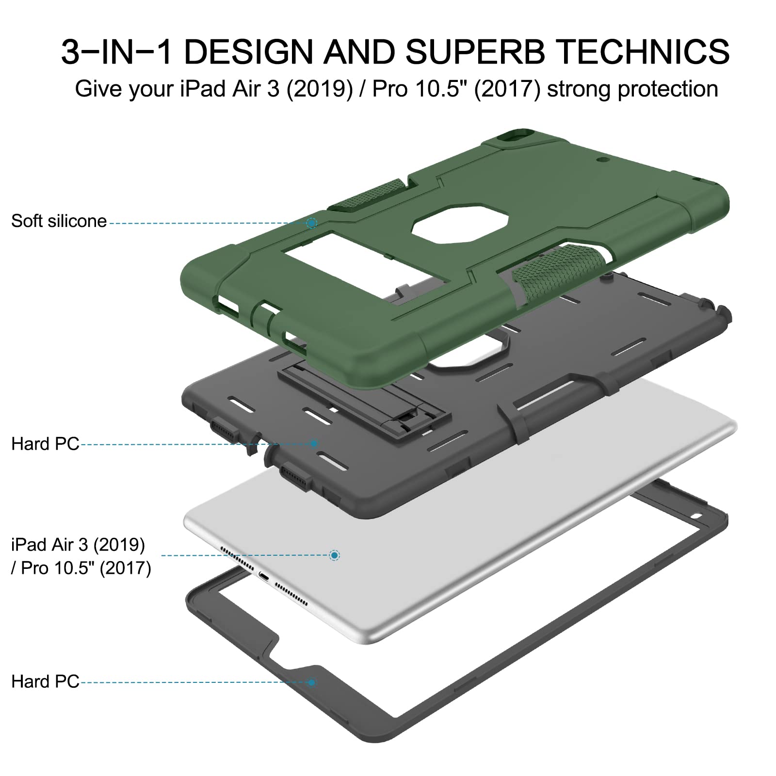 BENTOBEN Heavy Duty Shockproof Case for iPad Air 3 (10.5-inch 2019) & iPad Pro 10.5 (2017) - 3-Layer Rugged Protective Cover with Kickstand, Dark Green | Perfect for Work, Travel & Outdoor Adventures