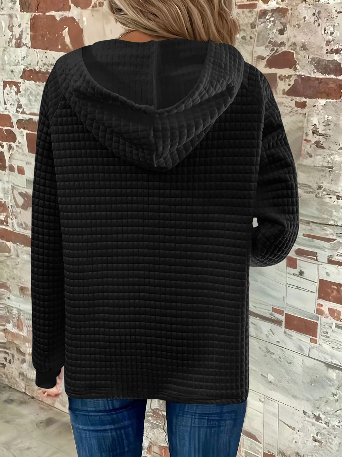 Full Size Textured Button Detail Drawstring Long Sleeve Hoodie for Men & Women - Cozy Casual Wear for Fall Winter Outdoor Activities