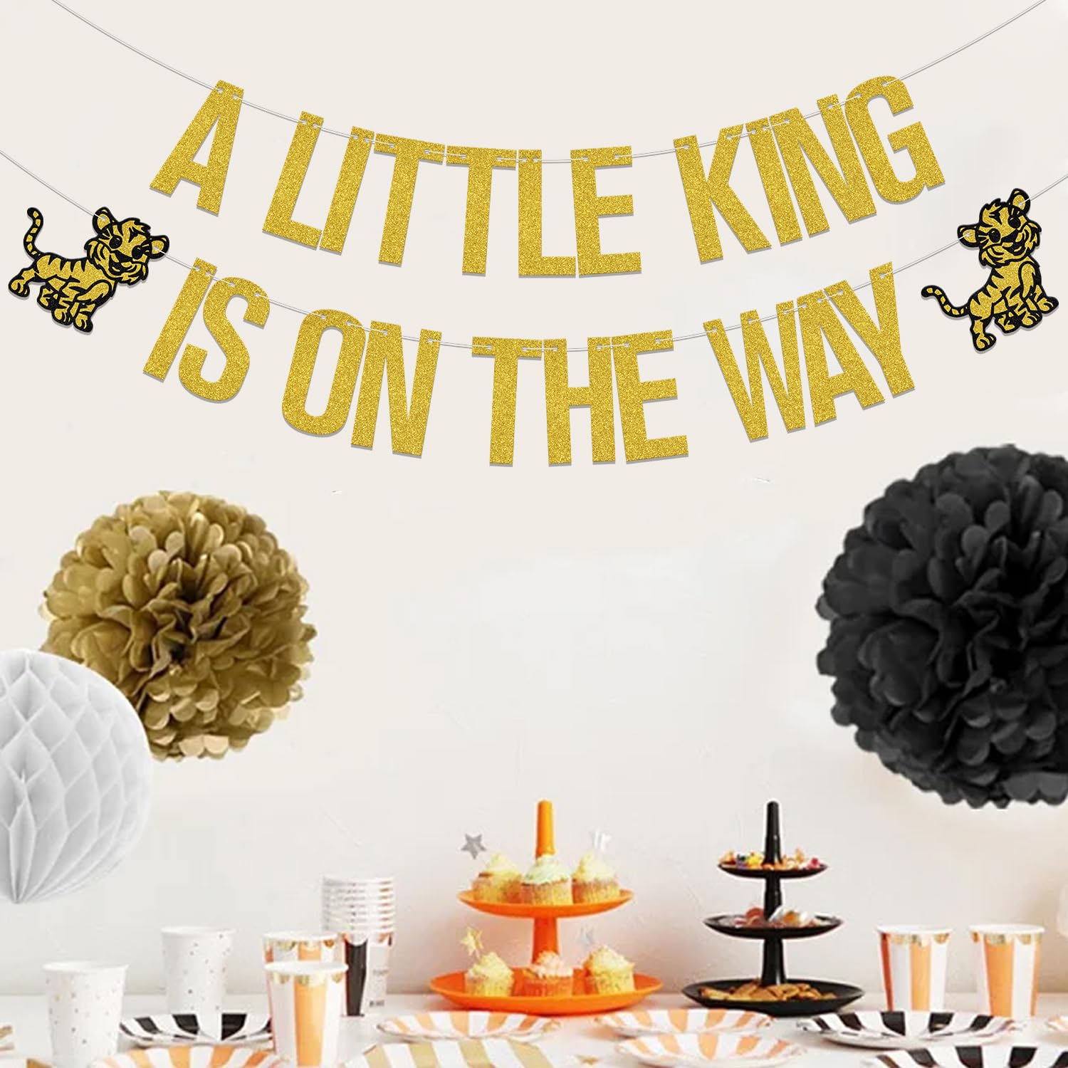Little King Banner - Gold & Black Glitter Lion King Baby Shower & Birthday Party Decorations | Nursery Wall Decor, Gender Reveal, First Birthday Theme Party Supplies