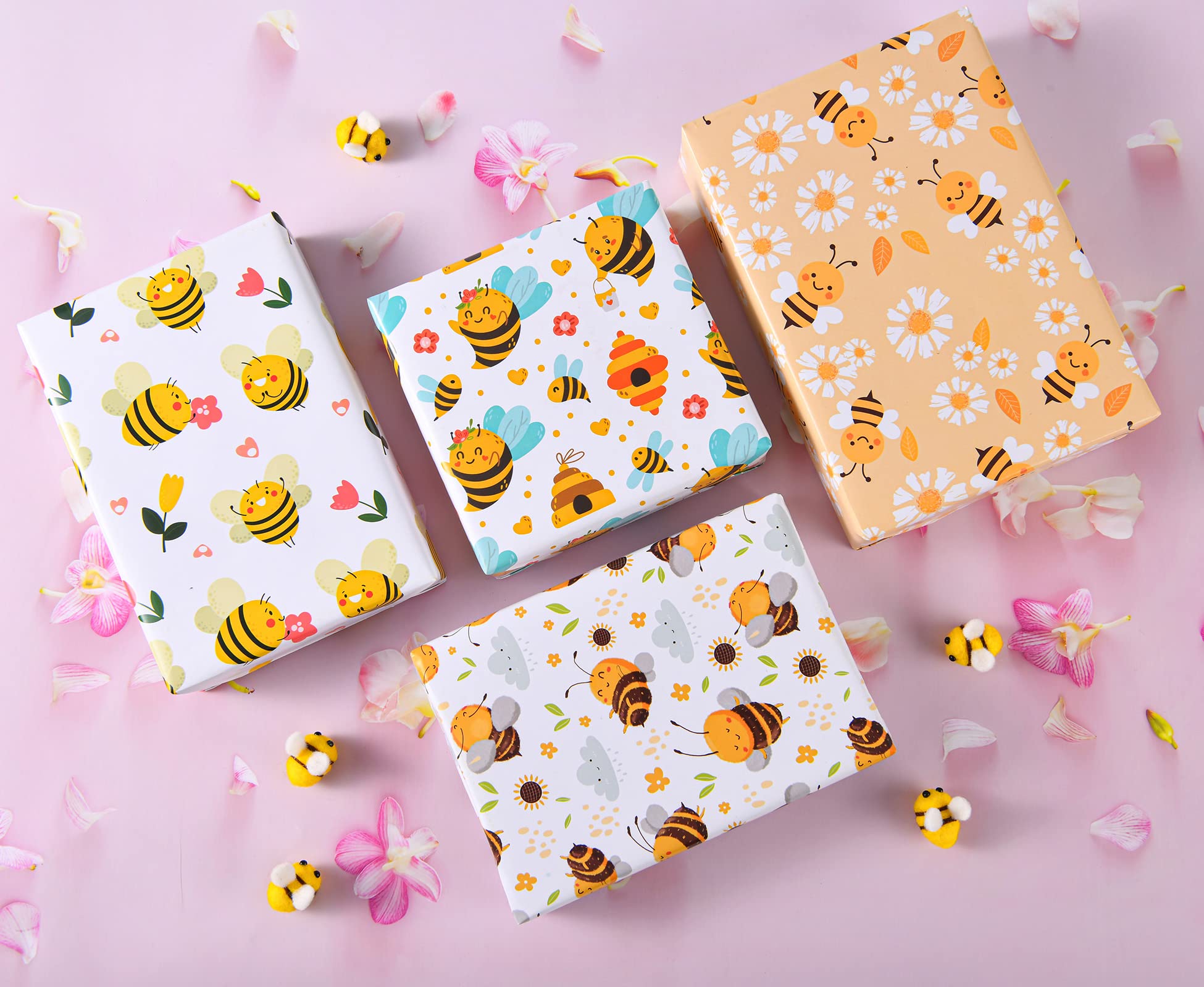 Titiweet Bee Themed Wrapping Paper - 12 Sheets Birthday Gift Wrap for Girls & Women, 20 x 28 Inches, Cute Honeycomb & Bee Design for Birthday Party, Baby Shower & Christmas Gifts - Perfect for DIY Crafts & Holiday Present Wrapping