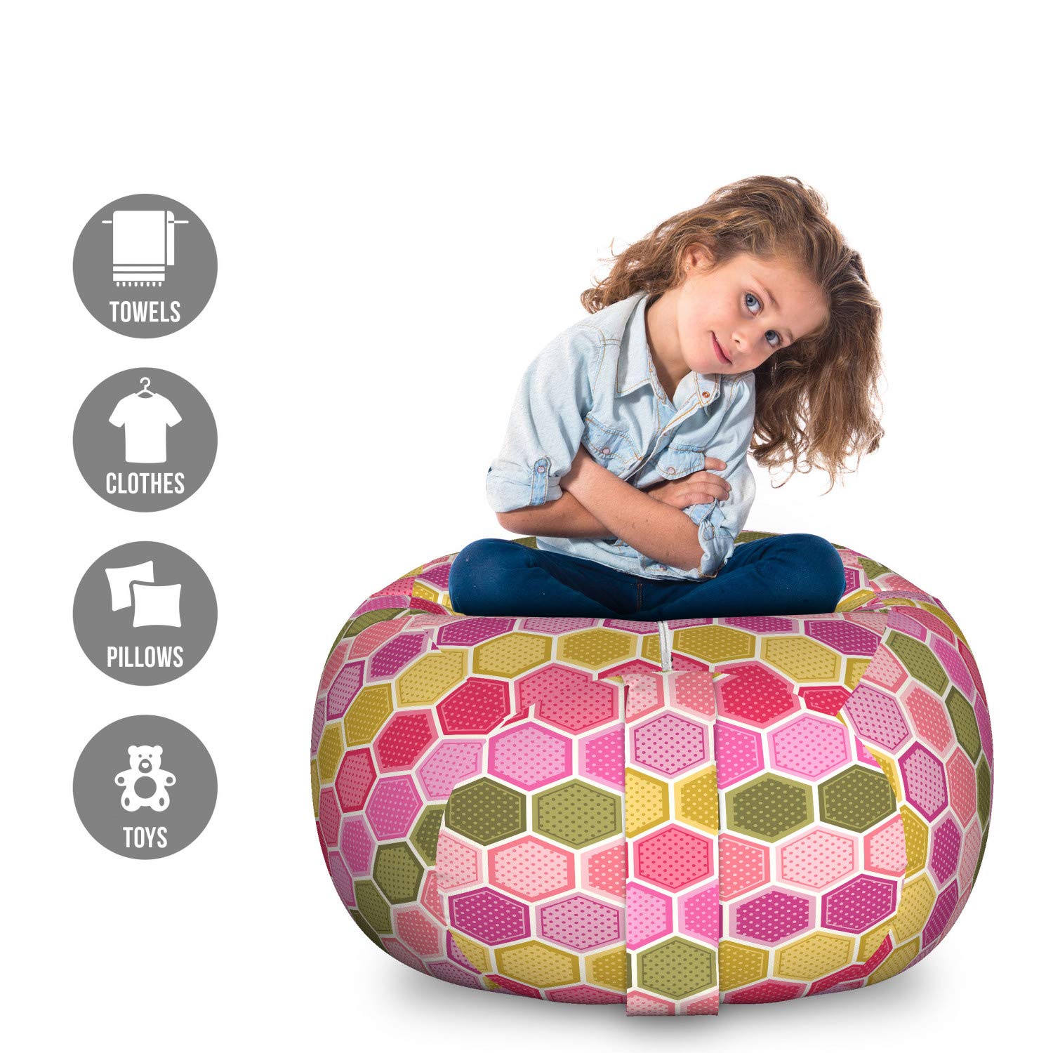 Ambesonne Geometric Storage Toy Bag Chair - Large Washable Stuffed Animal Organizer with Abstract Hexagon Pattern & Polka Dots | Kids Room Decor, Playroom Storage, Nursery Organization Solution