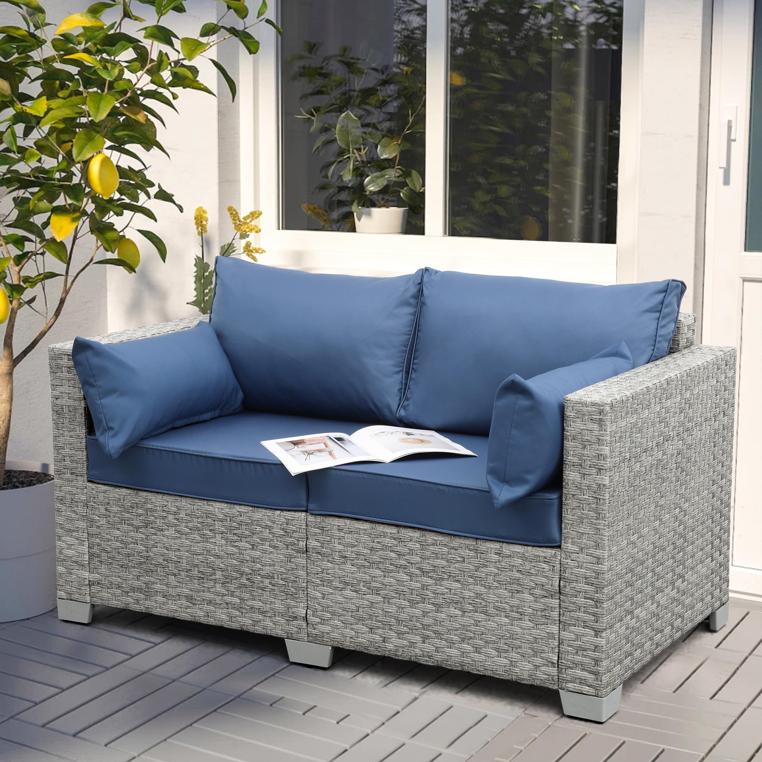 WAROOM Outdoor Wicker Loveseat 2-Seater Sofa - PE Rattan Patio Furniture with Blue Cushions | Perfect for Backyard, Garden, Balcony & Poolside Relaxation