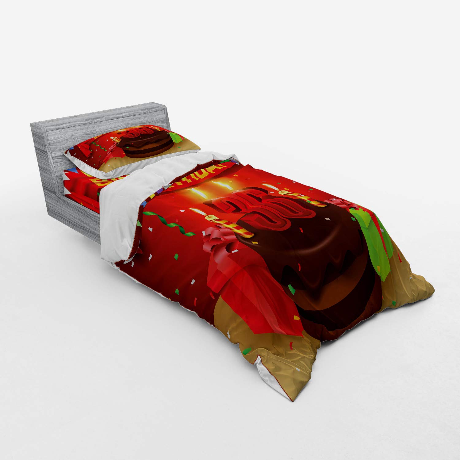 Ambesonne 36th Birthday Duvet Cover Set - 3 Piece Twin Size Bedding with Sham & Fitted Sheet - Celebration Party Theme with Cake, Candles & Gifts Print in Red & Burgundy - Perfect for Birthday Decorations & Guest Room Bedding