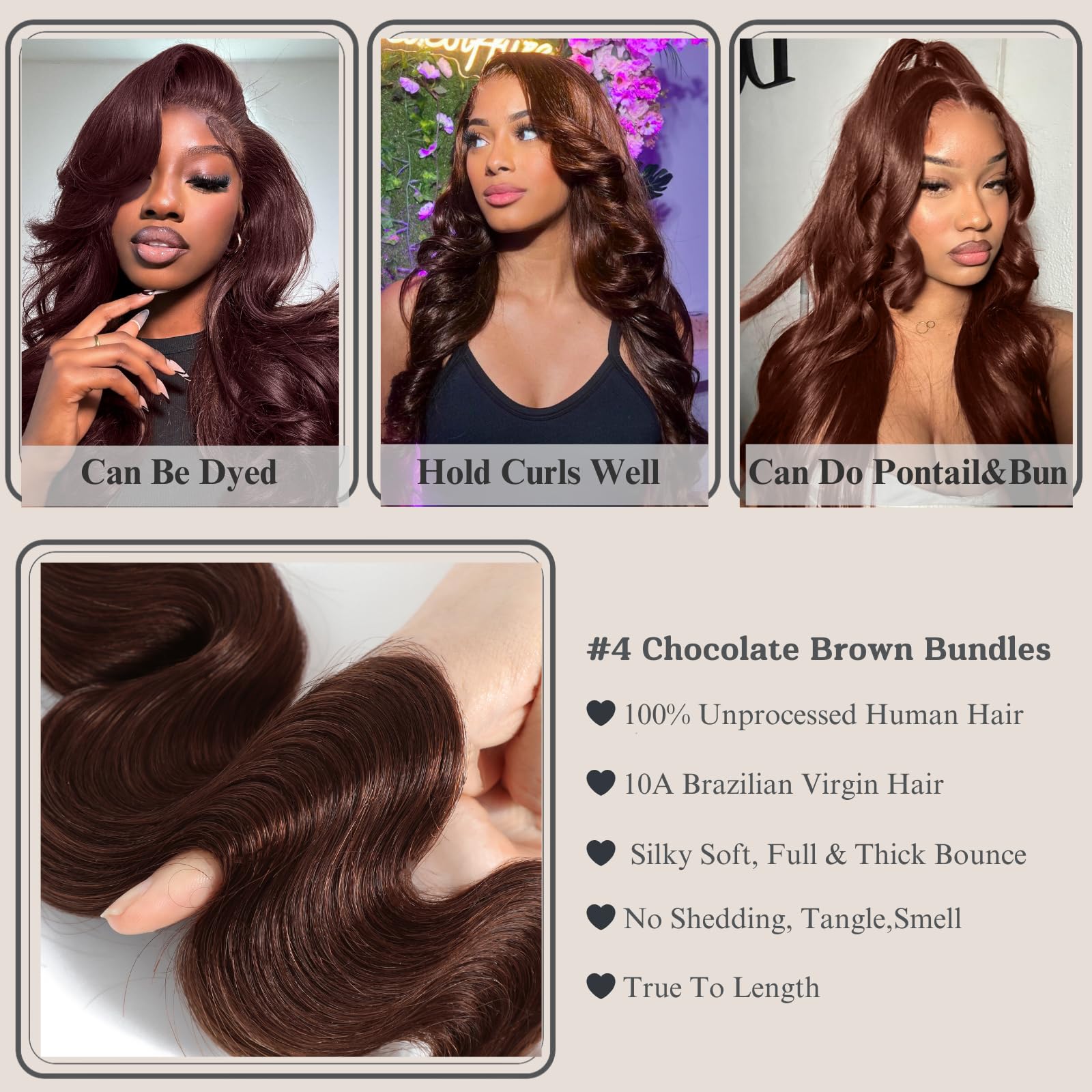 ALHER 10A 100% Unprocessed Virgin Remy Hair Bundles - Chocolate Brown #4 Body Wave with 4x4 HD Lace Closure (16/18/20+16 inches) | Soft, Thick & Natural Looking | Perfect for Everyday Wear, Special Occasions & Protective Styles