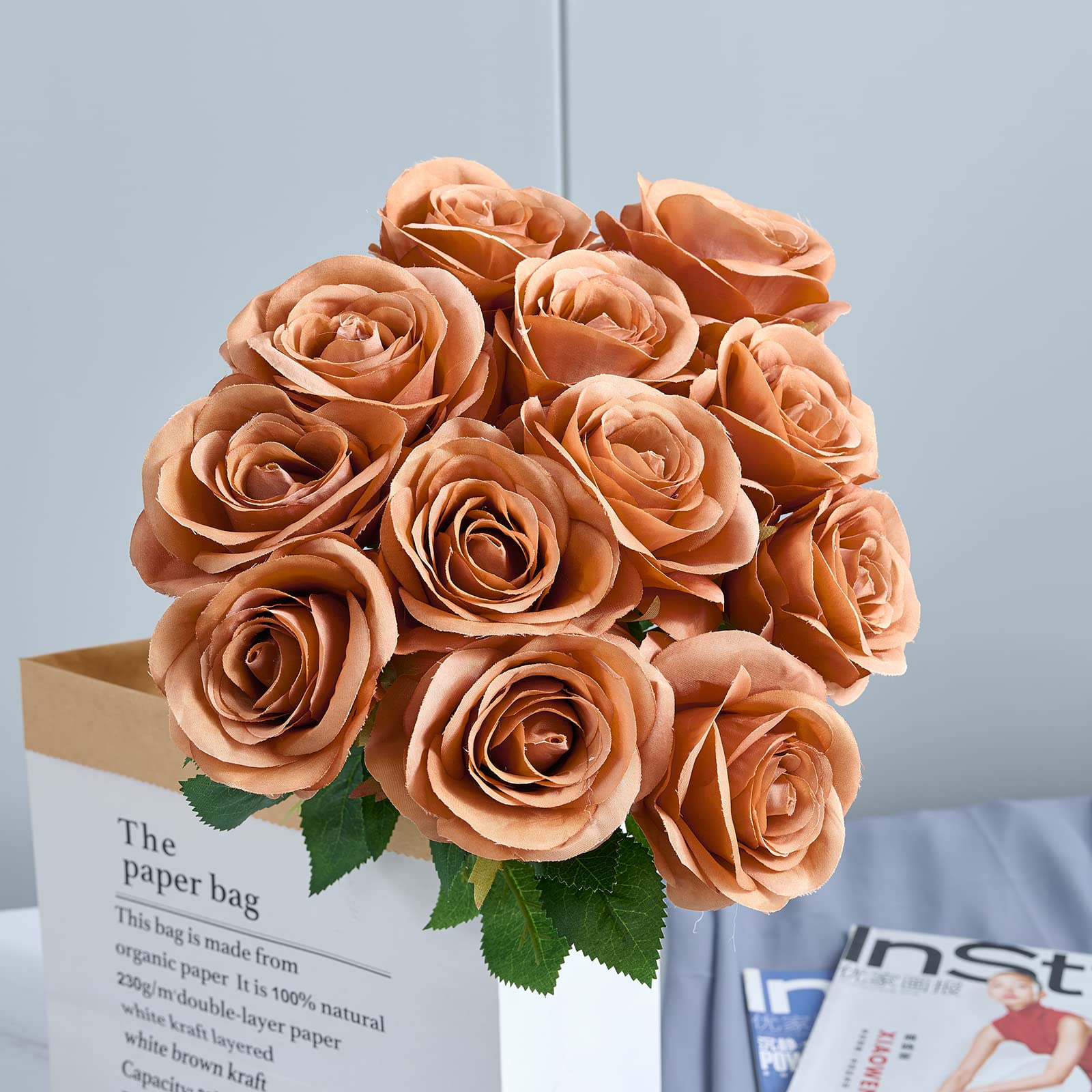 12pcs Dusty Orange Artificial Silk Roses with Long Stems - Fake Flowers for Wedding Centerpieces, Home Decor, Party Decorations - Perfect for Table Arrangements, Bouquets, and DIY Crafts