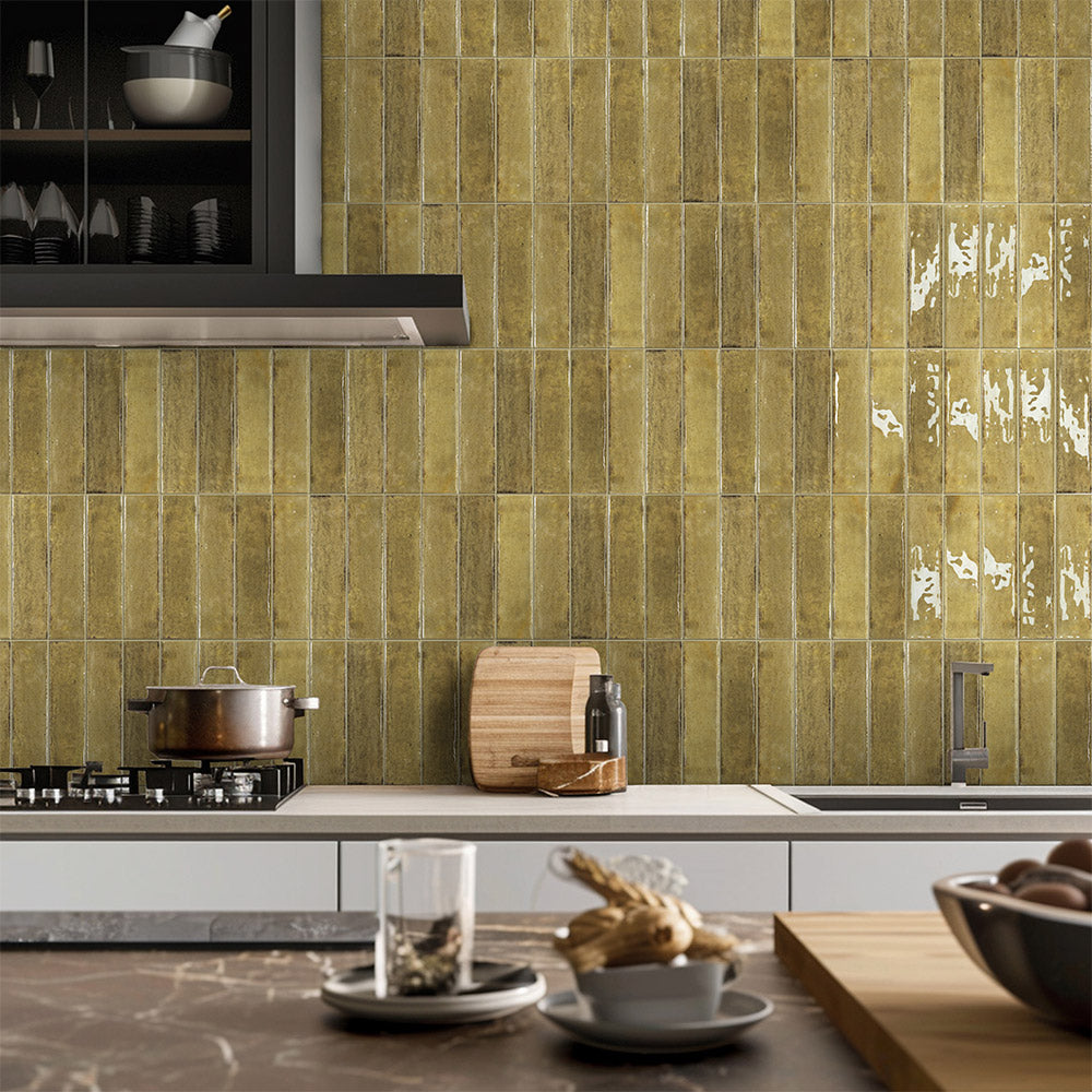 Ravello Olive Green 60x240 Glossy Zellige Subway Tile - Perfect for Kitchen Backsplash, Bathroom Walls & Modern Interior Design