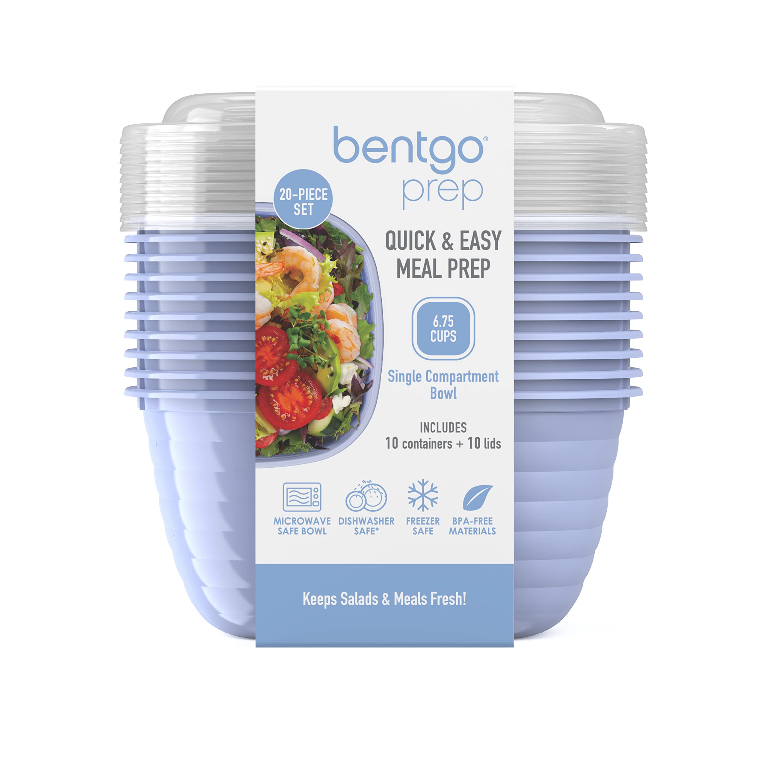 Bentgo Prep - 10-Pack Reusable BPA-Free Meal Prep Containers with Lids - Microwave, Freezer & Dishwasher Safe Food Storage Bowls - Durable 1-Compartment Design (Periwinkle) - Perfect for Meal Prepping, Leftovers & On-the-Go Lunches