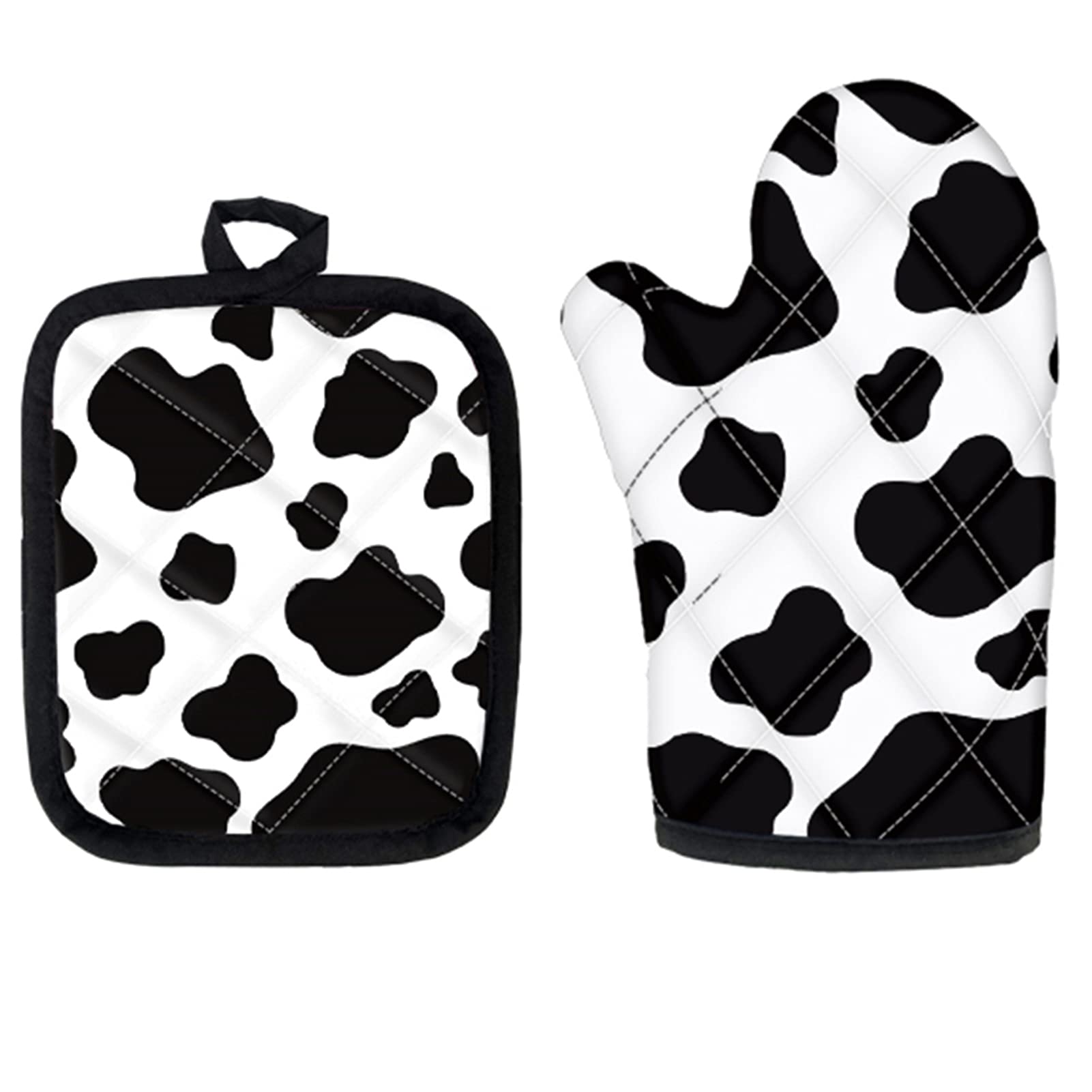JOAIFO White Cow Print Oven Mitts and Pot Holders Set - Heat Resistant Kitchen Gloves for Baking, Cooking & BBQ - Cute Farmhouse Decor Kitchen Accessories - Perfect for Holiday Gifts & Home Protection