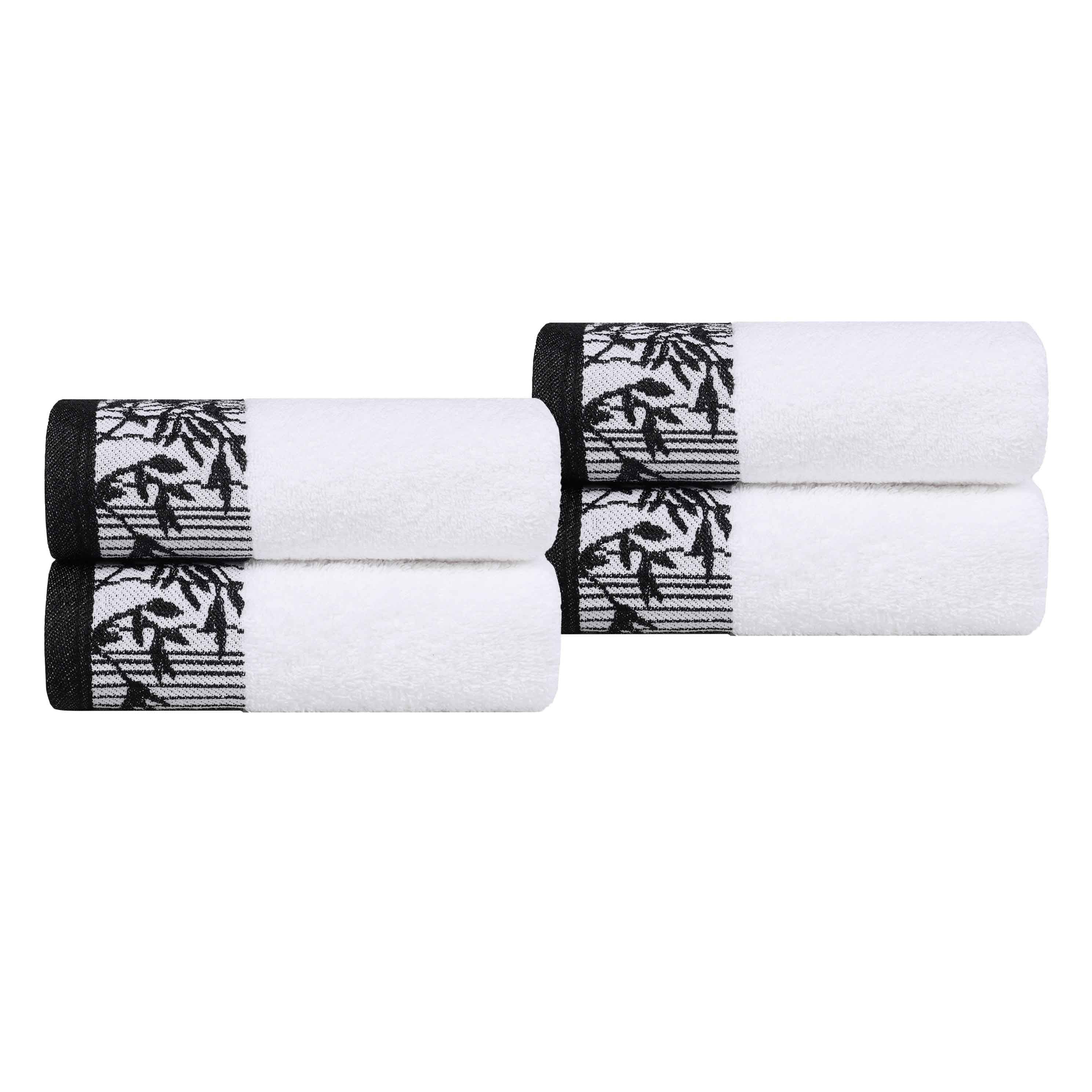 Premium Wisteria Cotton Floral Embroidered Jacquard Border Hand Towels - Set of 4 | Soft Absorbent Bathroom & Kitchen Towels for Guest Bath, Powder Room, and Luxury Home Decor