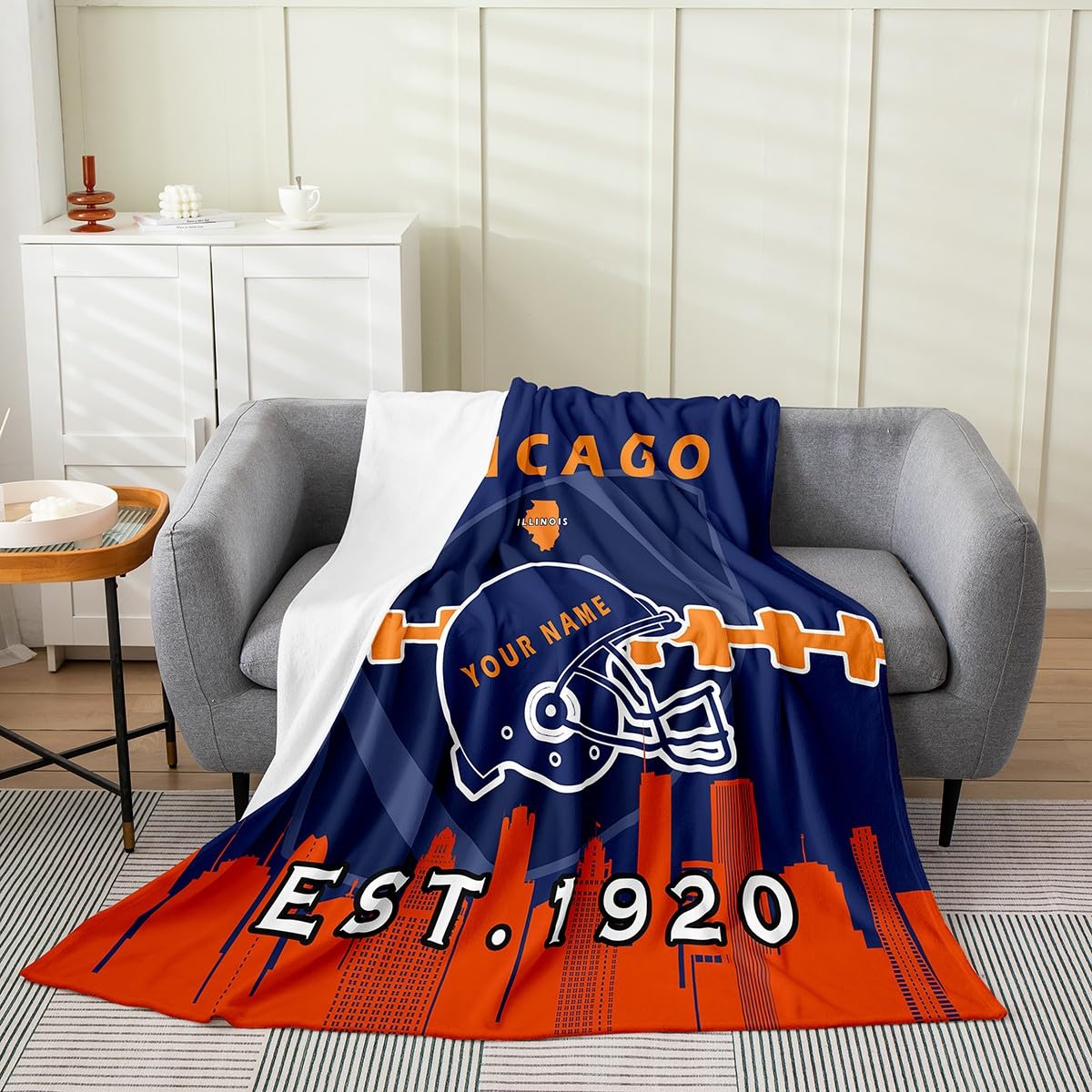 Custom Name Football Fleece Blanket - American Football Flannel Throw Blanket 60x80 Inches - Personalized NFL Team Blanket for Bed, Couch & Game Day - Soft Football Helmet Design Blanket for Sports Fans (Chicago Bears Theme) - Perfect for Bedroom, Living Room & Tailgating Parties