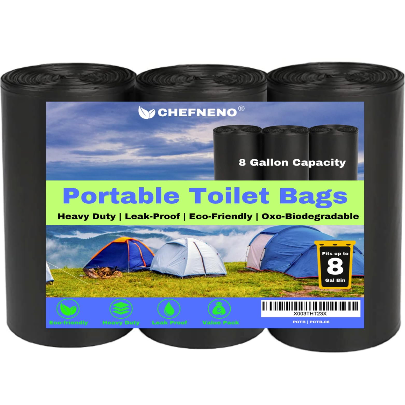 Portable Camping Toilet Waste Bags - 60 Bags (3 Rolls) 8 Gallon Black Can Liners for Travel, Hiking & Outdoor Adventures - Ideal for RV Trips, Emergency Preparedness & Off-Grid Living