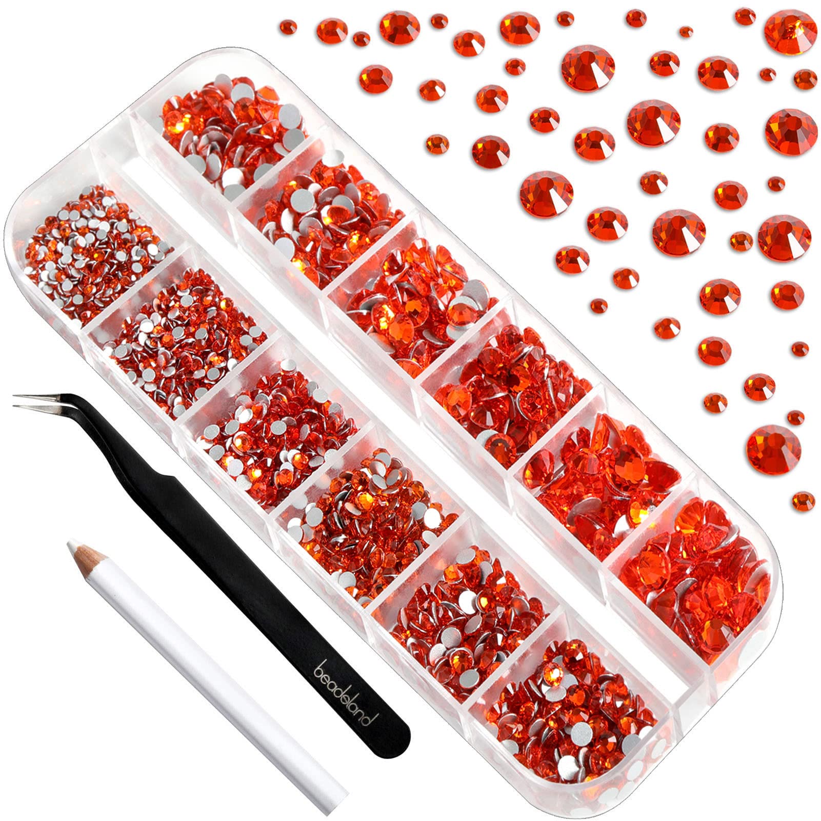 Beadsland 2500pcs Orange Flatback Rhinestones for Nails, Makeup & Crafts - 8 Sizes (SS4-SS30) with Tweezers & Wax Pencil - Perfect for DIY Nail Art, Eye Makeup Gems, and Creative Jewelry Designs