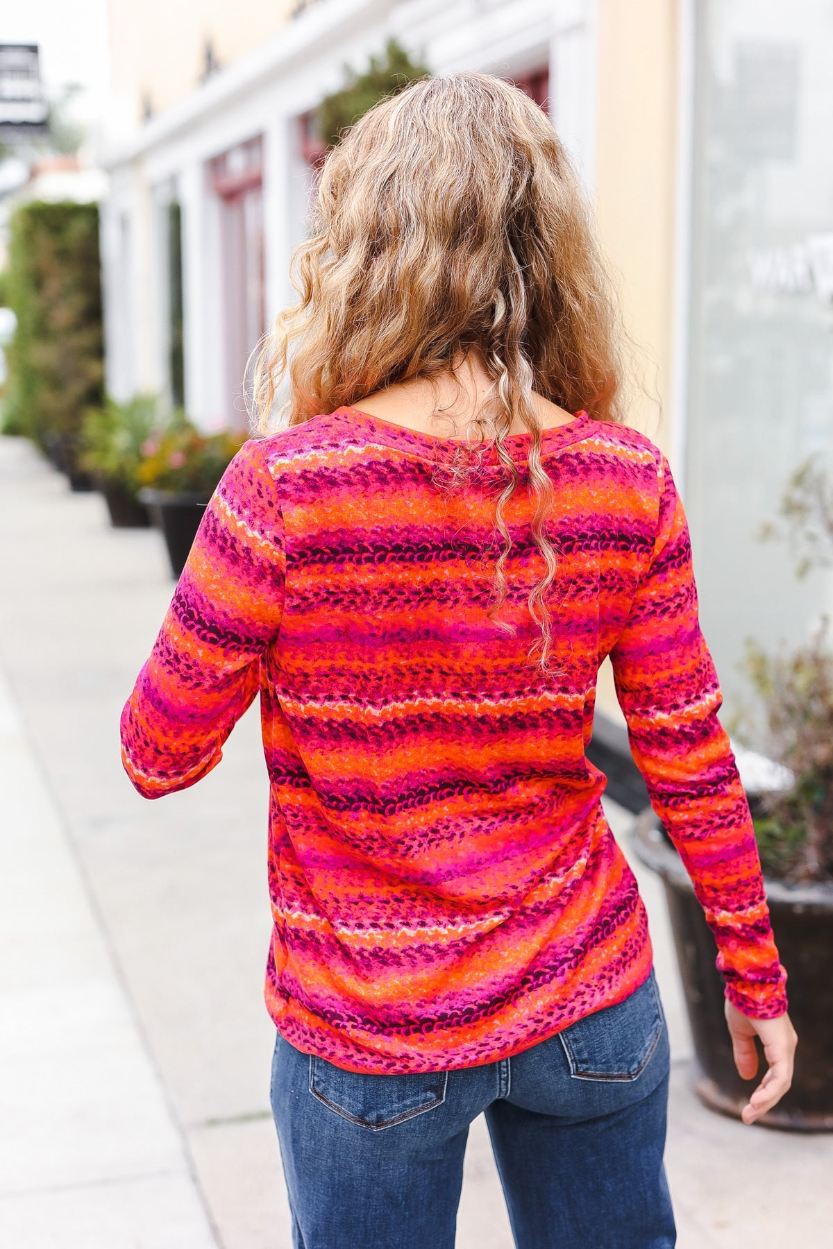 Bold Flame & Magenta Striped Cable Knit Print Hacci Top - Women's Fashion Sweater for Fall & Winter, Perfect for Casual Outfits and Holiday Parties