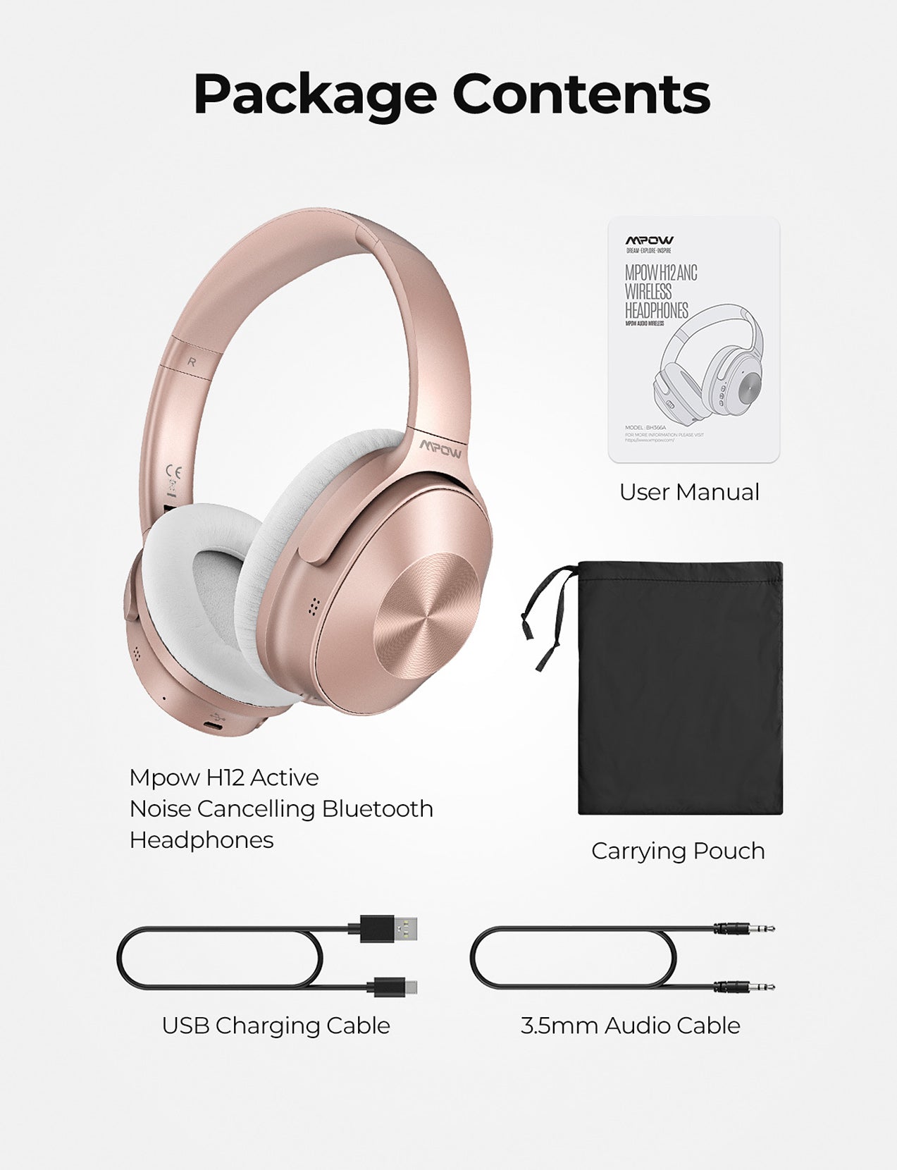 Mpow H12 Wireless Bluetooth Headphones with Active Noise Cancelling, Rose Pink - Perfect for Travel, Work, and Commuting