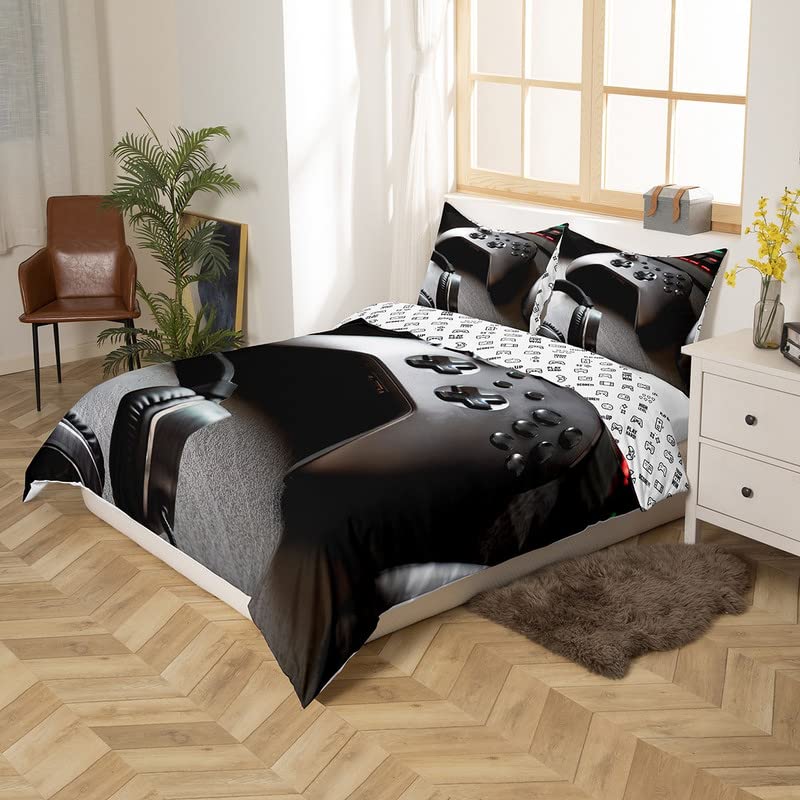 Boys Gaming Bedding Set - Game Controller Comforter Cover for Kids, Teens & Gamers - Modern Gamer Headset Duvet Cover with Pillowcase - Twin Size Black - Perfect for Gaming Rooms & Teen Bedrooms