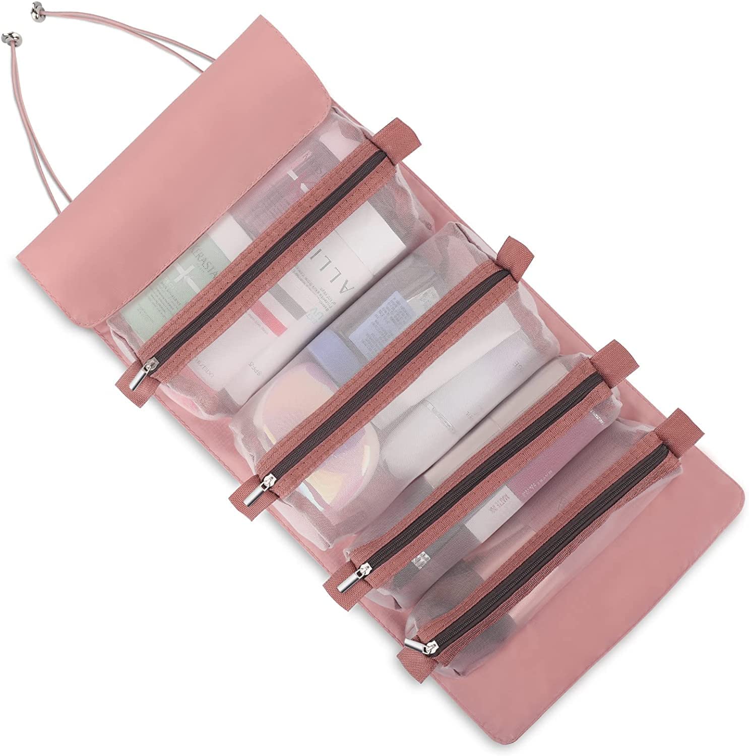 MURTISIDDH Roll Up Foldable Cosmetic Makeup Toiletry Storage Organizer Bag Kit with Removable Mesh Pouch - Rose Gold | Travel Organizer for Makeup Brushes, Skincare & Jewelry | Perfect for Vacation, Gym & Daily Use