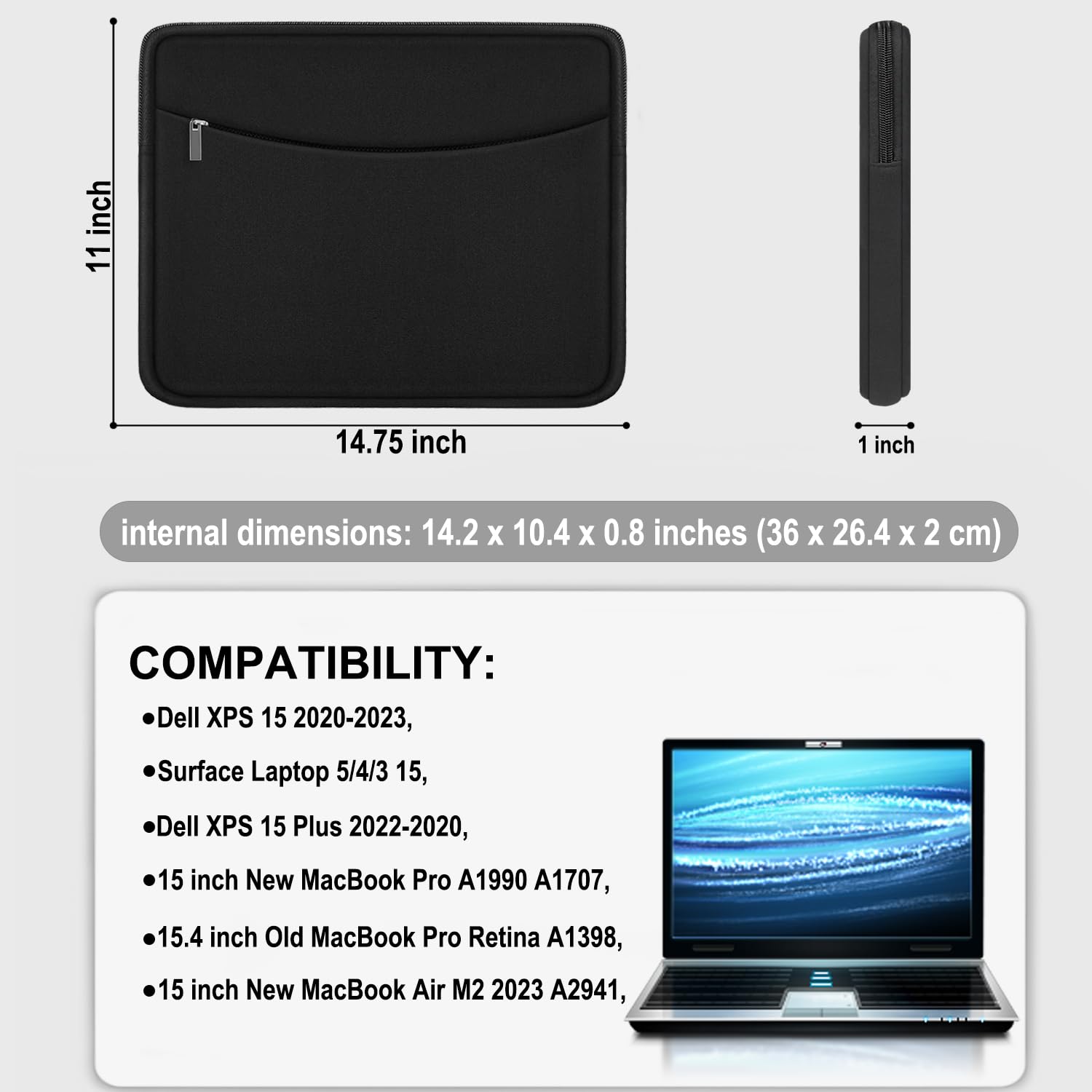 15 Inch Shockproof Laptop Case with Accessory Pocket - Protective Travel Sleeve for MacBook Air, MacBook Pro, HP, Dell, Lenovo - Perfect for Work, School & Travel, Black