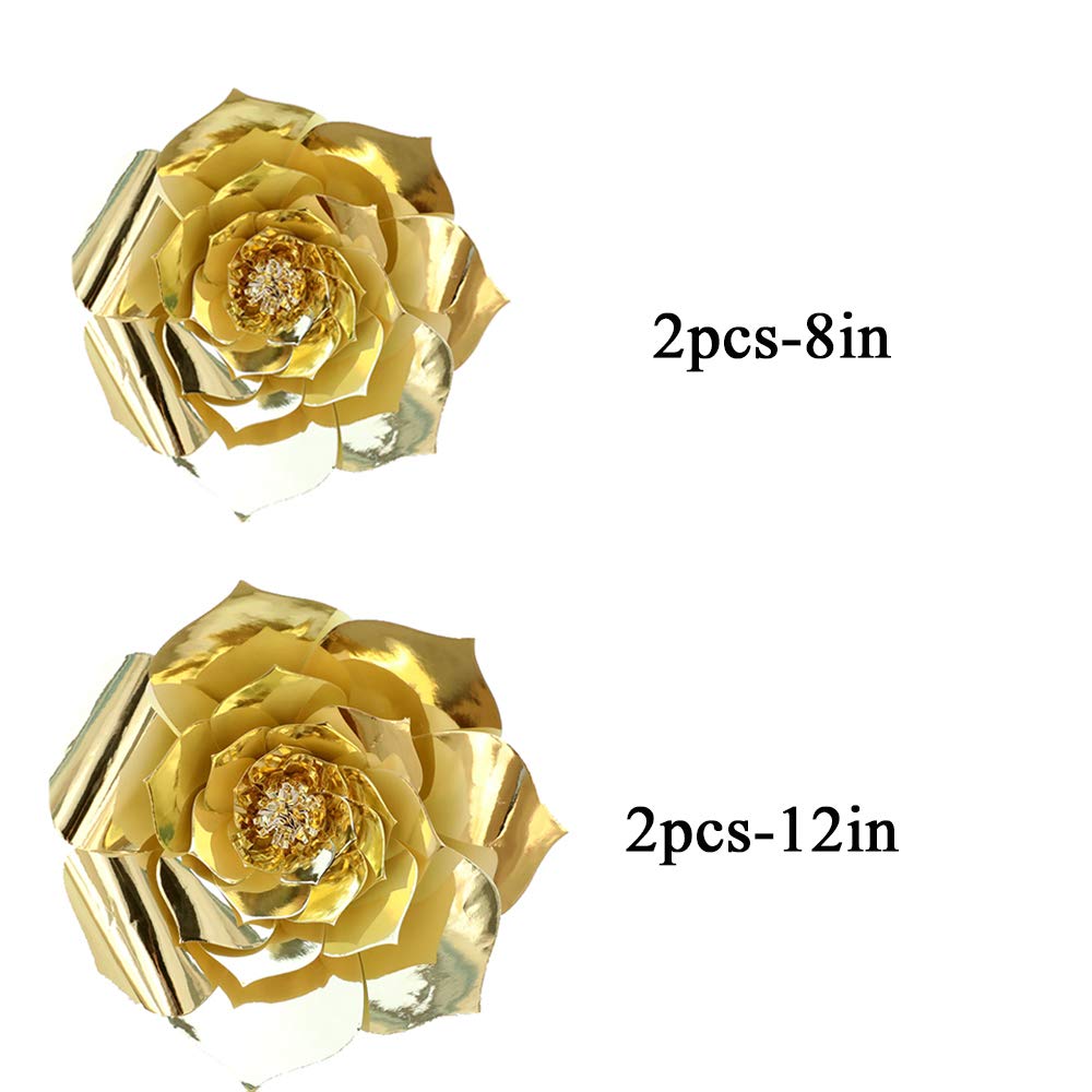 3D Giant Paper Flower Decorations for Wedding Backdrop, Bridal Shower, Baby Shower, Nursery Wall - DIY Handcrafted Party Home Decor (Gold, 4pcs - 8in & 12in) | Perfect for Wedding Centerpieces, Birthday Parties, and Wall Art Decorations