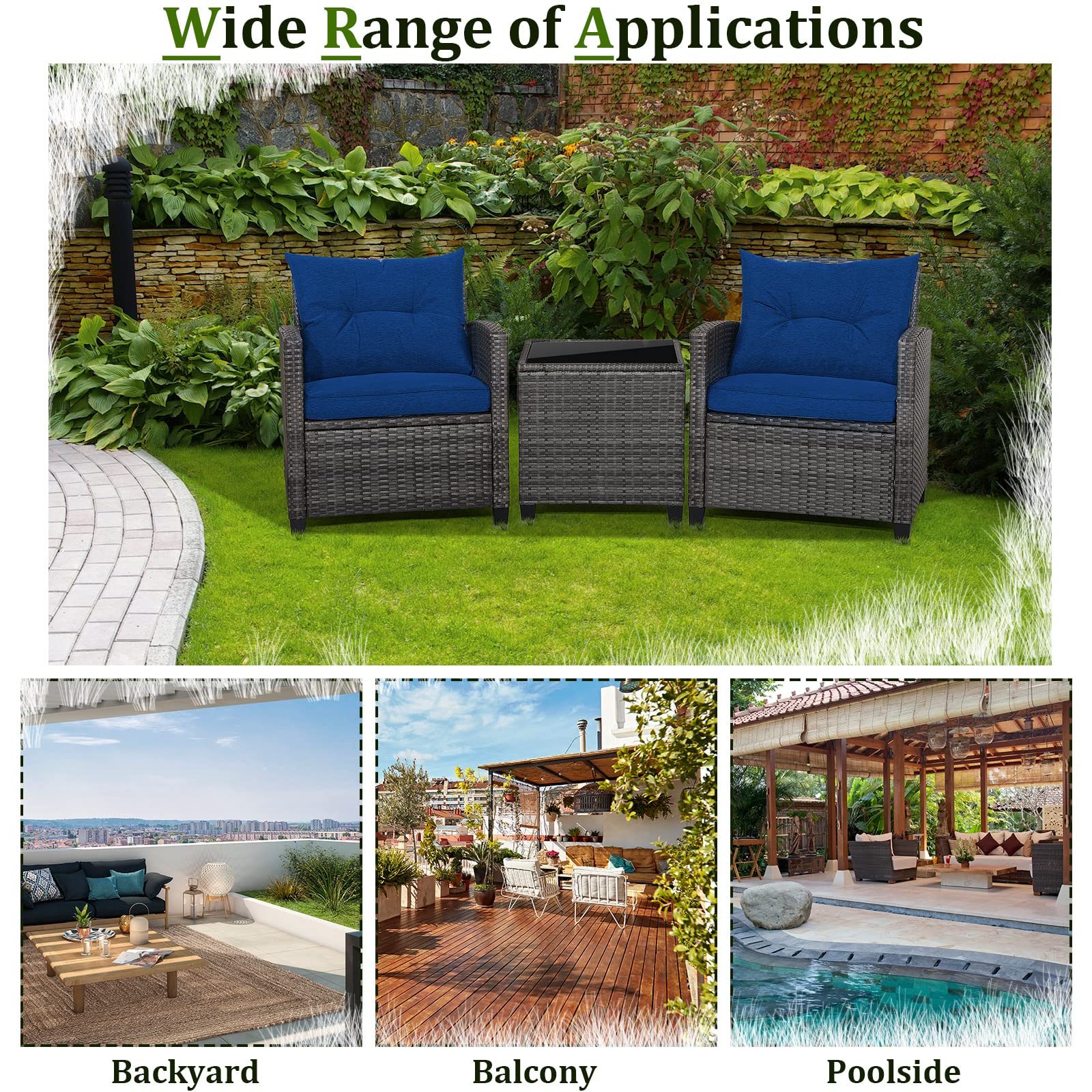 RELAX4LIFE 3-Piece Wicker Patio Furniture Set - Outdoor Rattan Sofa Conversation Set with Tempered Glass Table & Heavy-Duty Steel Frame - Navy Blue Wicker Chair Set for Poolside, Backyard, Garden, Patio & Outdoor Relaxation