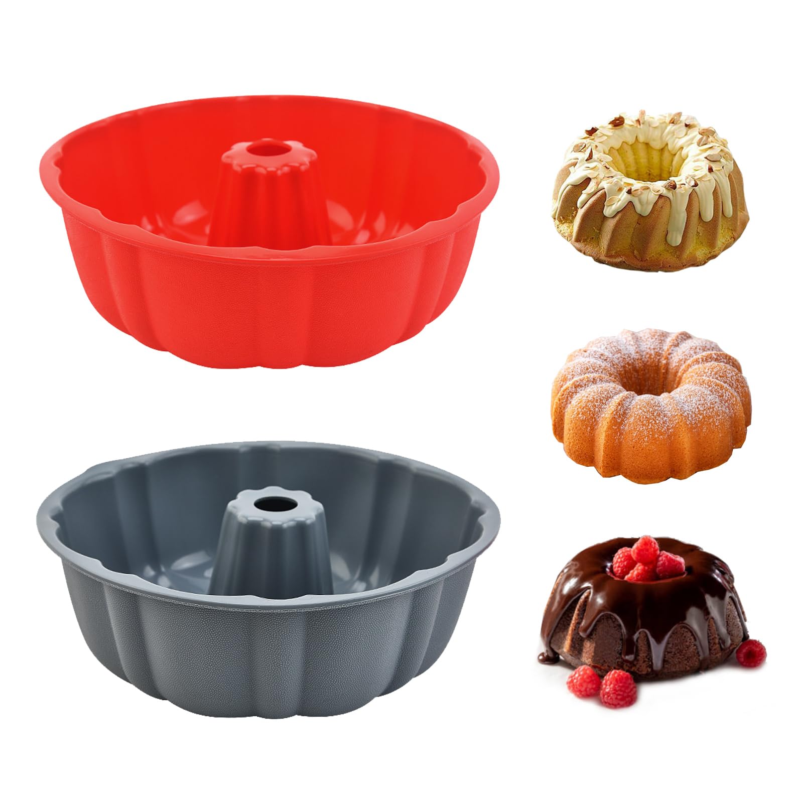2 Pack 10 Inch Nonstick Silicone Bundt Cake Pan Set - Pound Cake Mold for Baking Jello, Gelatin, Brownies & Bread (Red + Grey) | Perfect for Holiday Desserts, Birthday Cakes & Party Treats