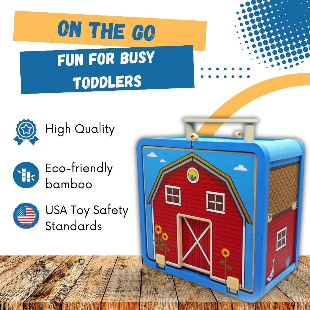 Eco-Friendly Bamboo Barnyard Suitcase Playset - 16-Piece Portable Farm Toy Set with Farmer, Animals & Tractor - Sustainable Travel Toys for Kids Ages 3+ | Perfect for Road Trips, Airplane Travel & Preschool Learning Activities