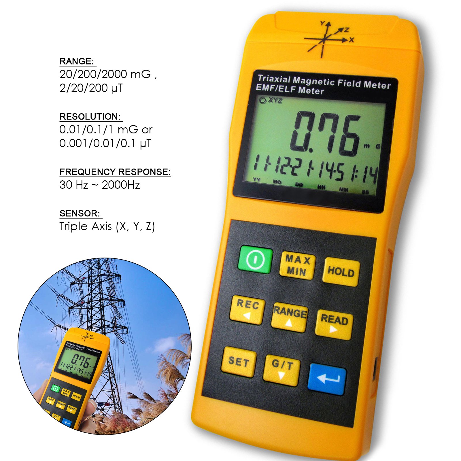 3-Axis Gauss EMF ELF Meter Detector - Handheld Portable Electromagnetic Field Radiation Tester (20/200/2000 mG & uT, 30-2000Hz) for Home, Office & Industrial Use - Measure Microwave, Computer, Monitor & Power Line EMF Radiation