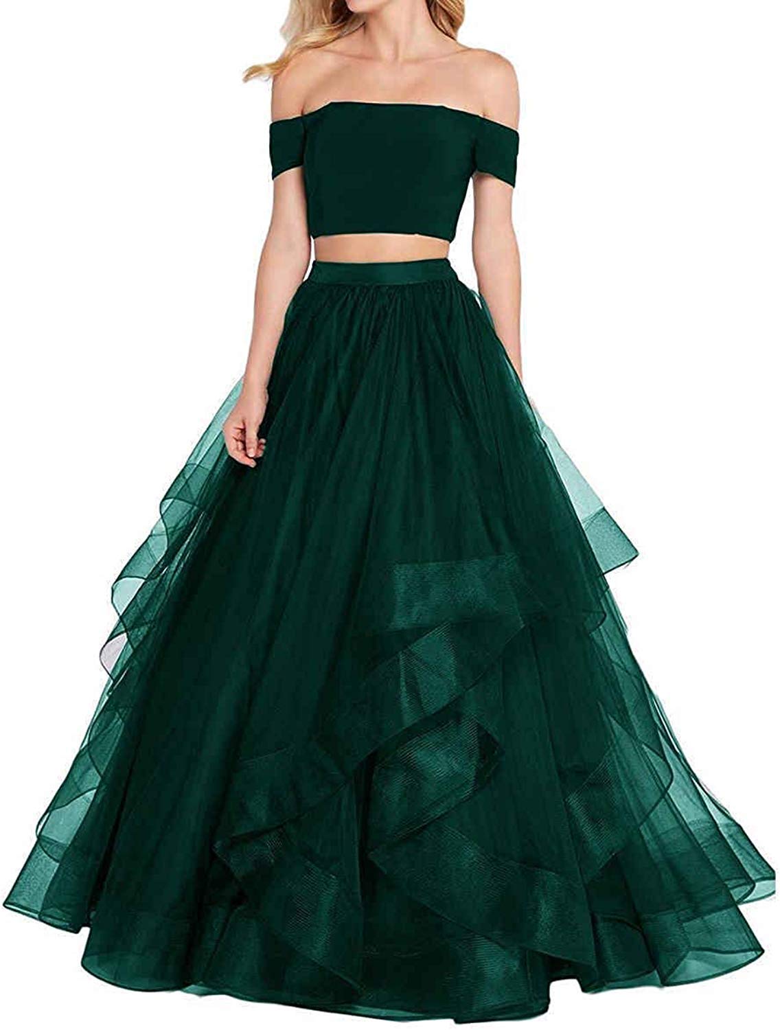KaBuNi Women's Two Piece Prom Dresses - Off The Shoulder Long Quinceanera Ball Gown for Homecoming, Sweet 16, Wedding & Formal Events