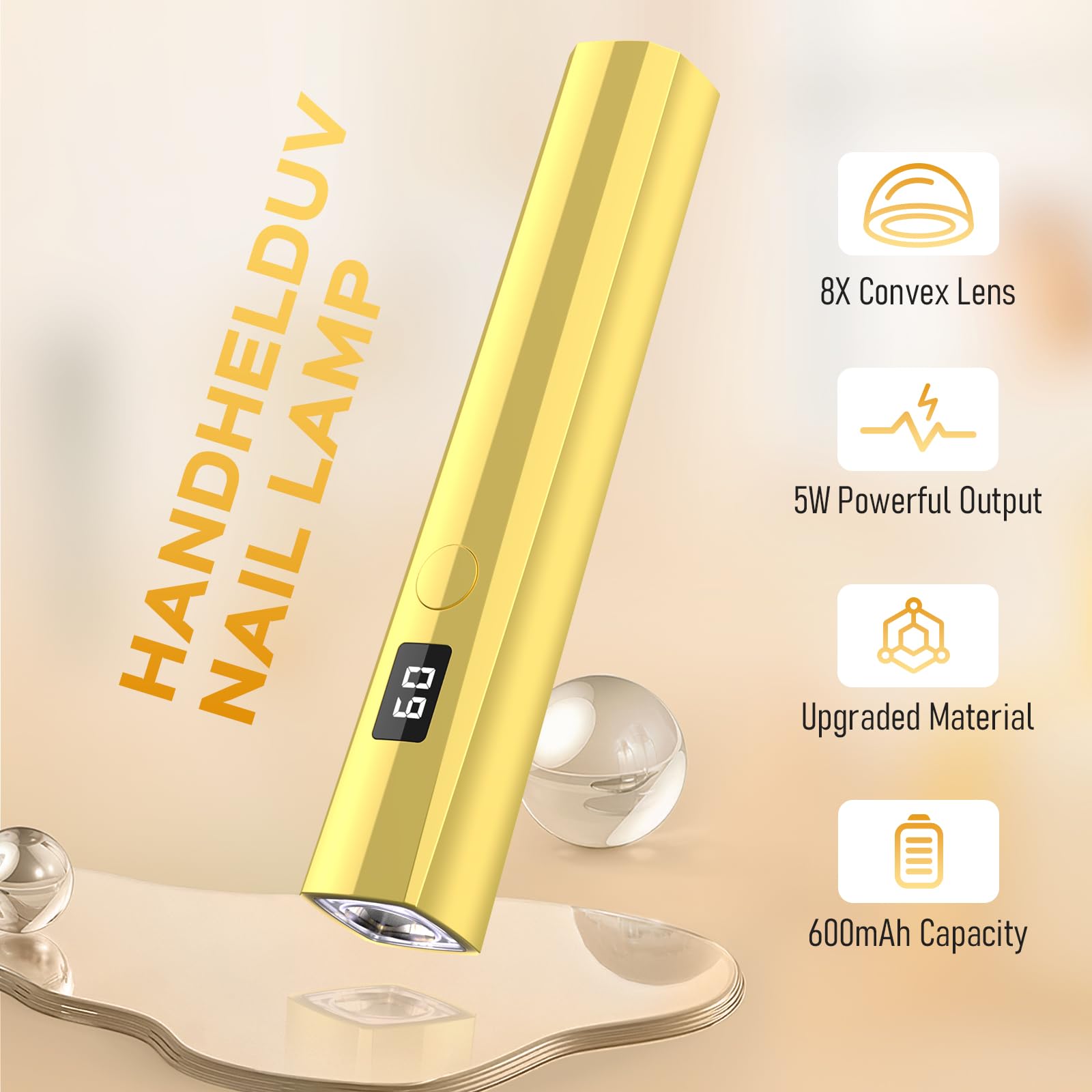 Professional 5W UV LED Nail Lamp - Portable Handheld Gel Nail Dryer with LCD Screen & Fast Curing Technology | USB Rechargeable for Home & Salon Use | Perfect for Manicures, Pedicures & Nail Art (Gold)