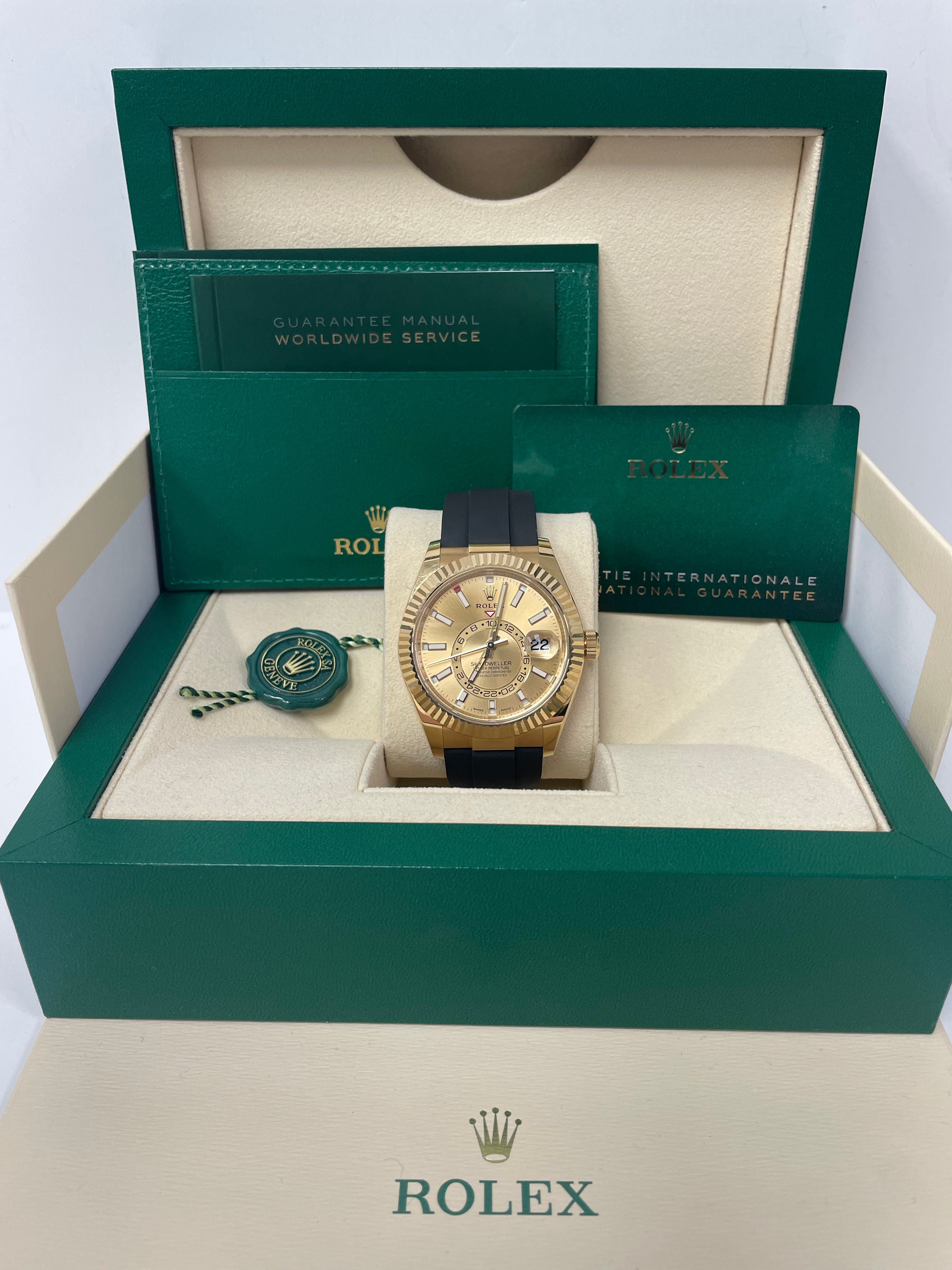 Rolex Sky-Dweller 18K Yellow Gold Watch with Champagne Index Dial & Oysterflex Bracelet (Ref# 326238) - Luxury Timepiece for Business Travel & Special Occasions