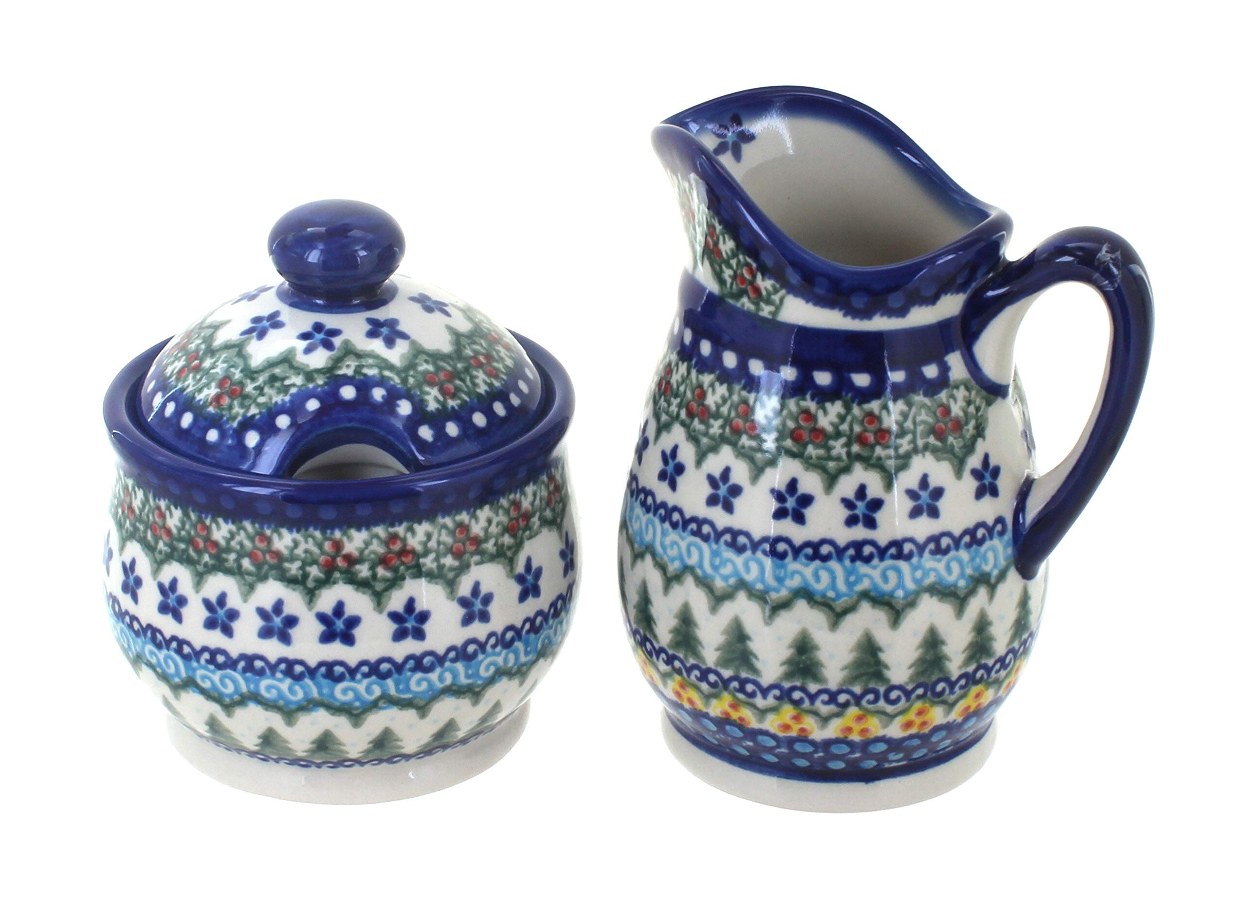 Handmade Blue Rose Polish Pottery Holiday Pine Cream & Sugar Set - Vintage Ceramic Tea Coffee Serving Set for Christmas, Thanksgiving & Home Decor