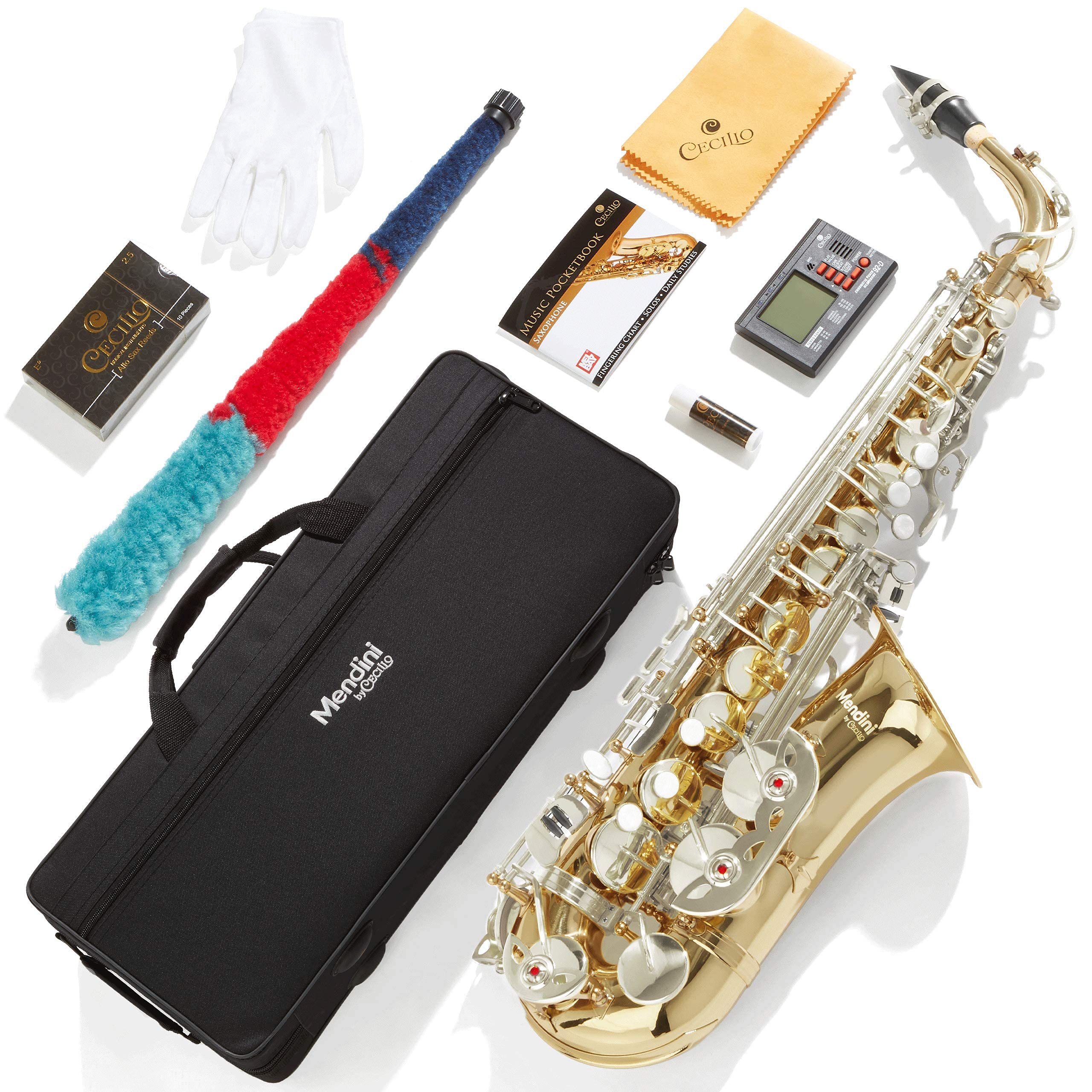**Mendini by Cecilio E-Flat Alto Saxophone - Gold Tenor Sax for Beginners, Students & Kids - Includes Case, 10 Reeds, Mouthpiece, Tuner, Neck Strap, Cleaning Cloth, Rod & Gloves - Perfect for School Bands, Music Lessons & Home Practice**