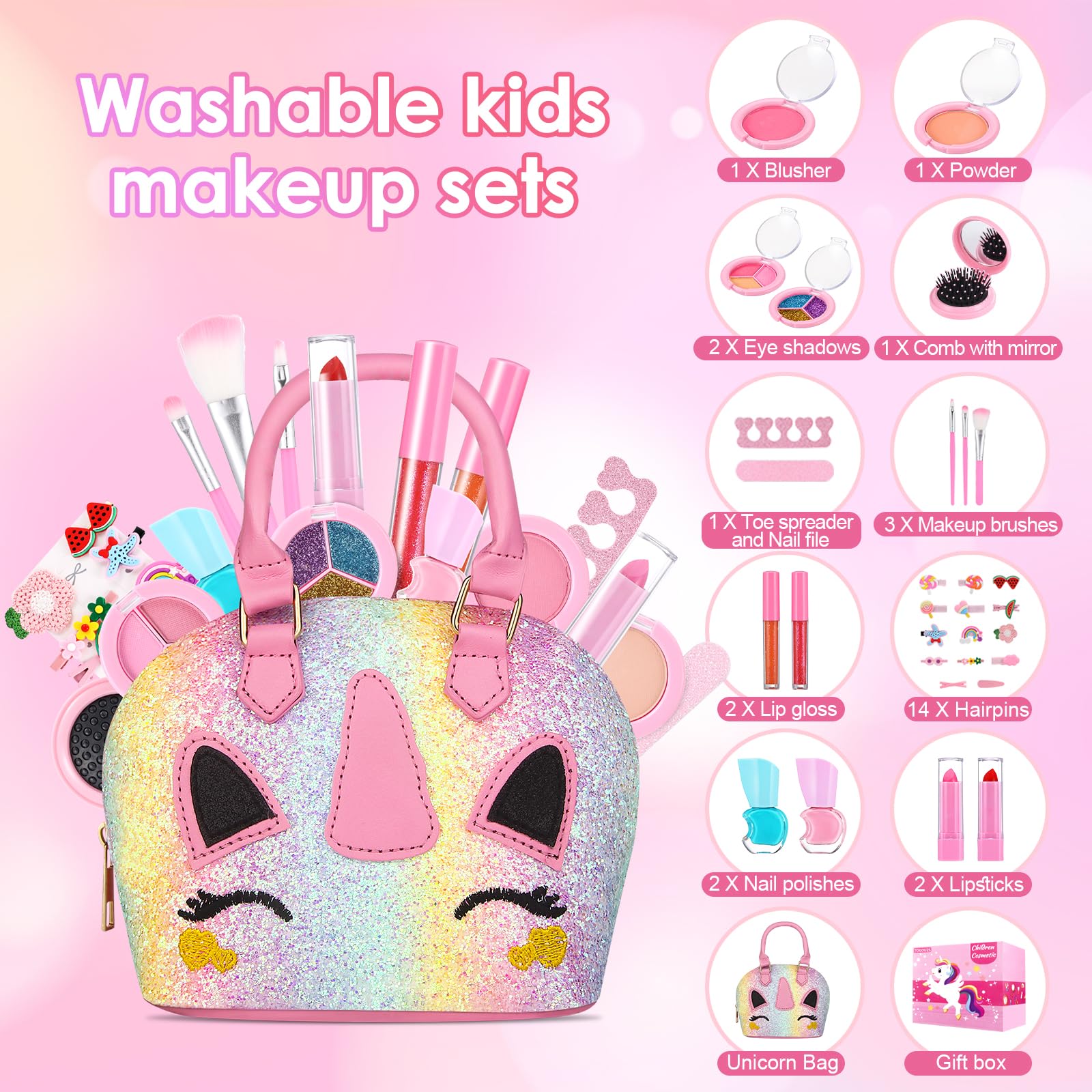 TOGOU2S Unicorn Makeup Set for Girls - Washable, Non-Toxic Kids Makeup Kit with Unicorn Bag - Princess Gift for Girls Ages 3-12 (Perfect for Birthday Parties, Dress-Up Play & Pretend Play)