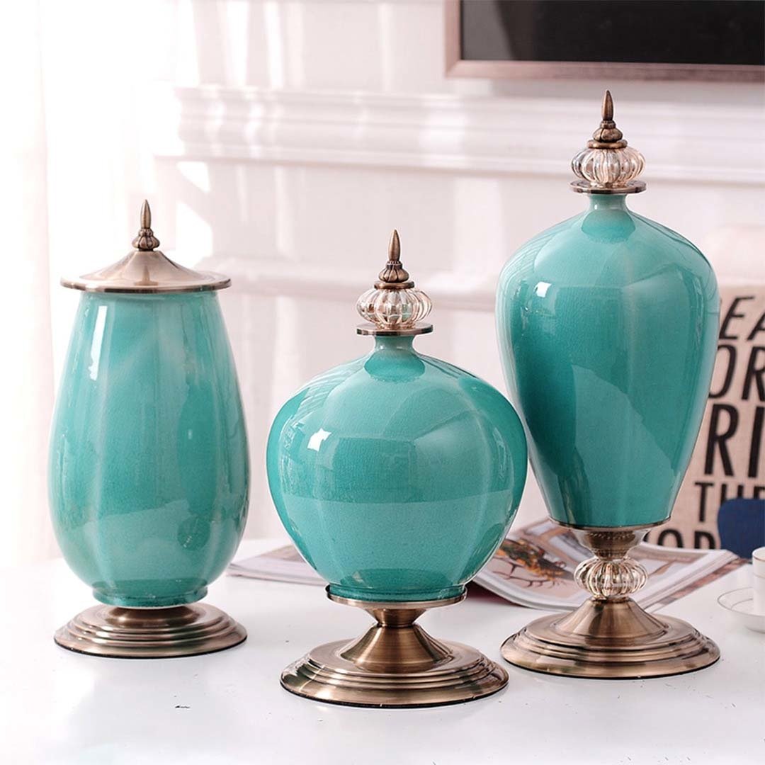 2X 42cm Ceramic Oval Flower Vase with Gold Metal Base - Dark Blue Home Decor for Living Room, Wedding Centerpiece, Office Desk Decor