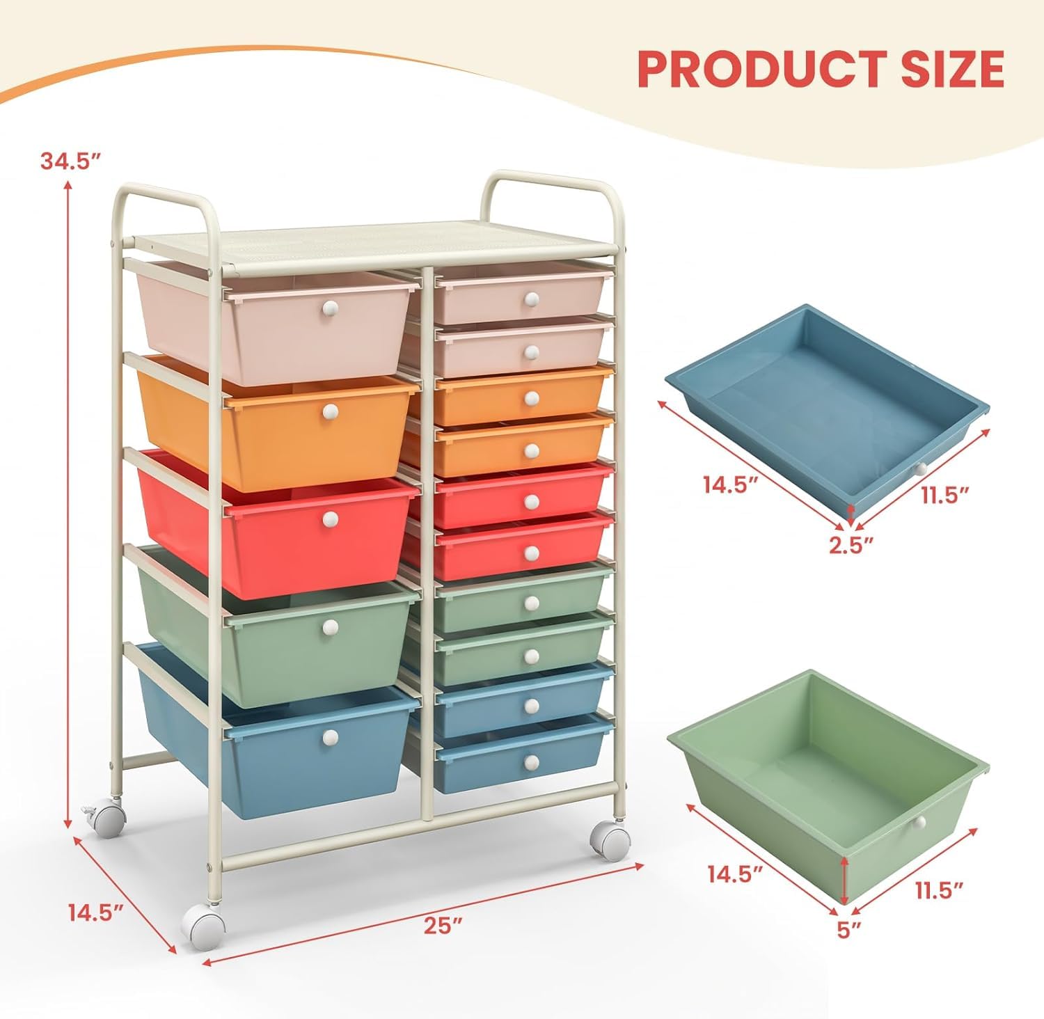 LDAILY 15-Drawer Rolling Storage Cart with Durable Metal Frame - Multipurpose Mobile Organizer for Office, School & Craft Supplies - Perfect for Scrapbooking, Art Tools & Classroom Organization (Macaron)