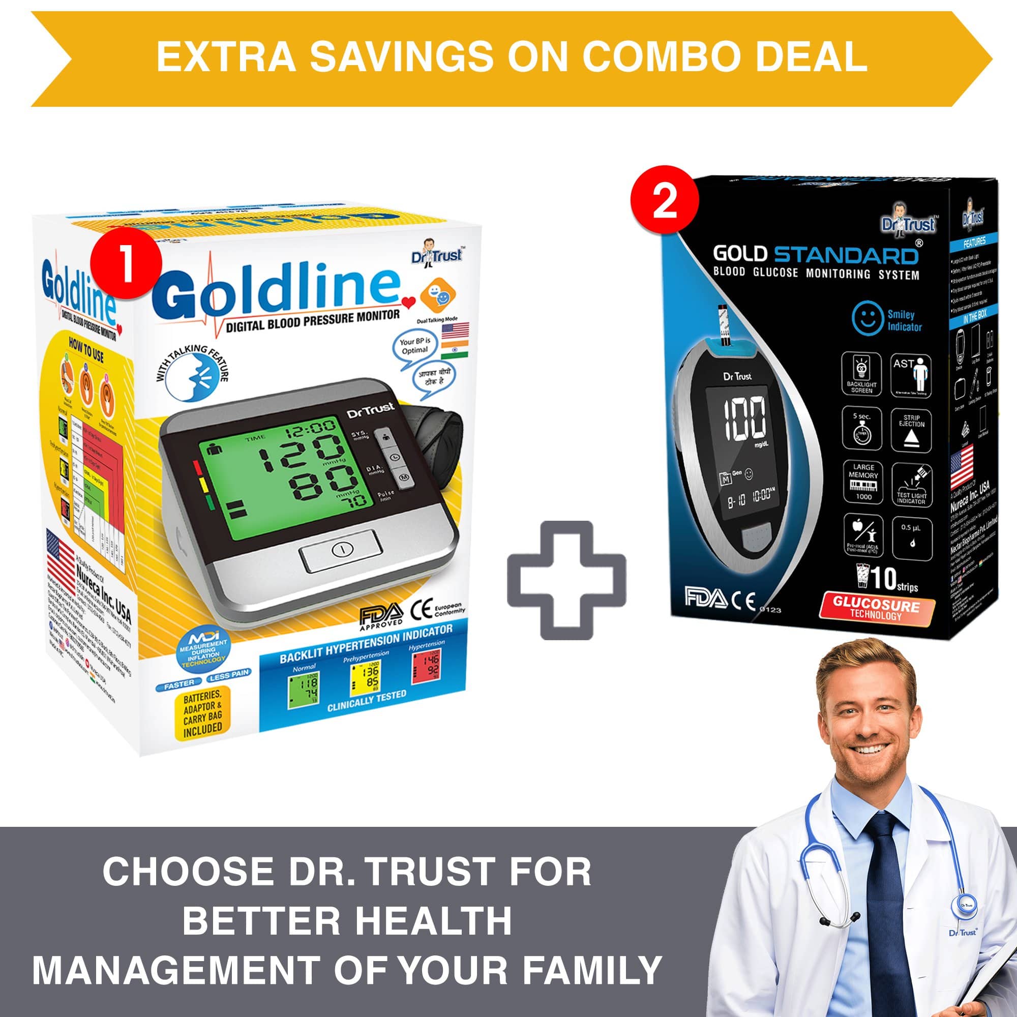 Dr Trust USA Goldline Digital Blood Pressure Monitor 103 + Blood Glucose Meter 9001 with 10 Test Strips | Home Health Monitoring Kit for Diabetes & Hypertension Care