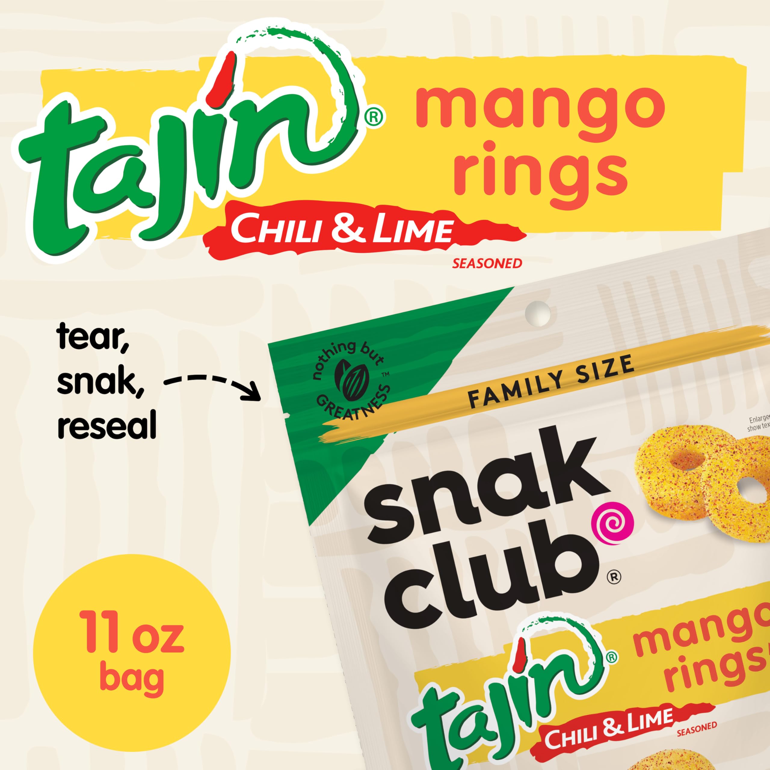 Snak Club Tajin Mango Rings Gummy Candy - Chili Lime Seasoned Fruit Snacks | Gluten-Free, Vegan, 11oz Resealable Bag - Perfect for Movie Nights, Road Trips & Office Snacking