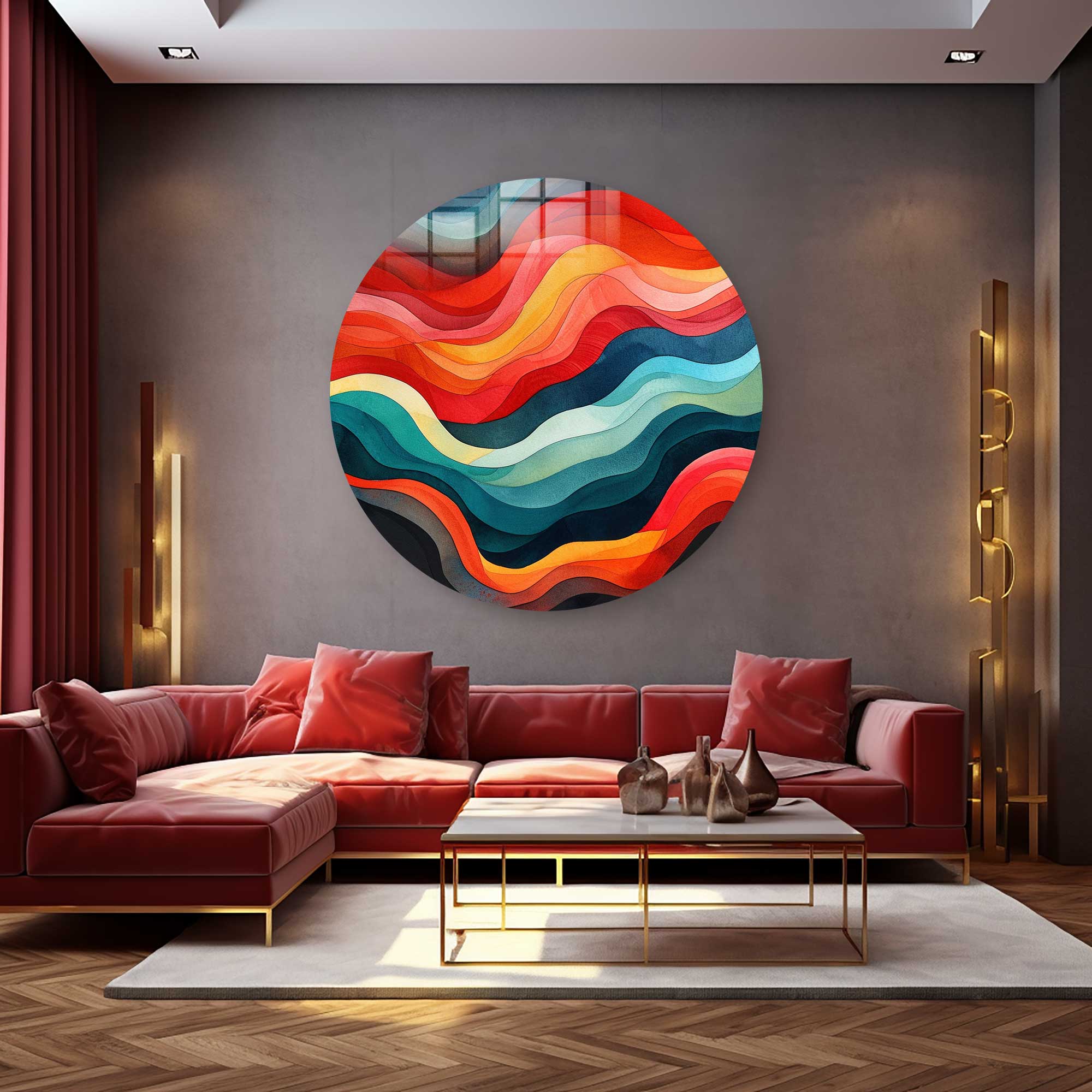 Vibrant Colorful Waves Rounded Glass Wall Art Decor - Perfect for Living Room, Bedroom & Office Spaces