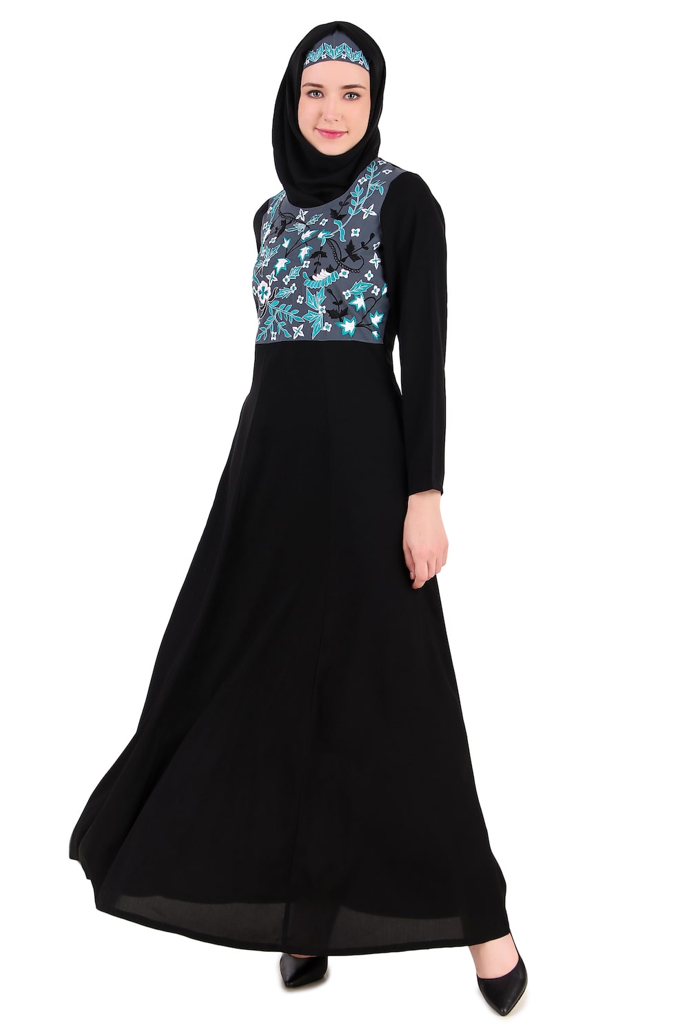 Elegant Floral Embroidered Abaya Dress with Multi-Panel Bodice - Perfect for Eid, Weddings & Special Occasions