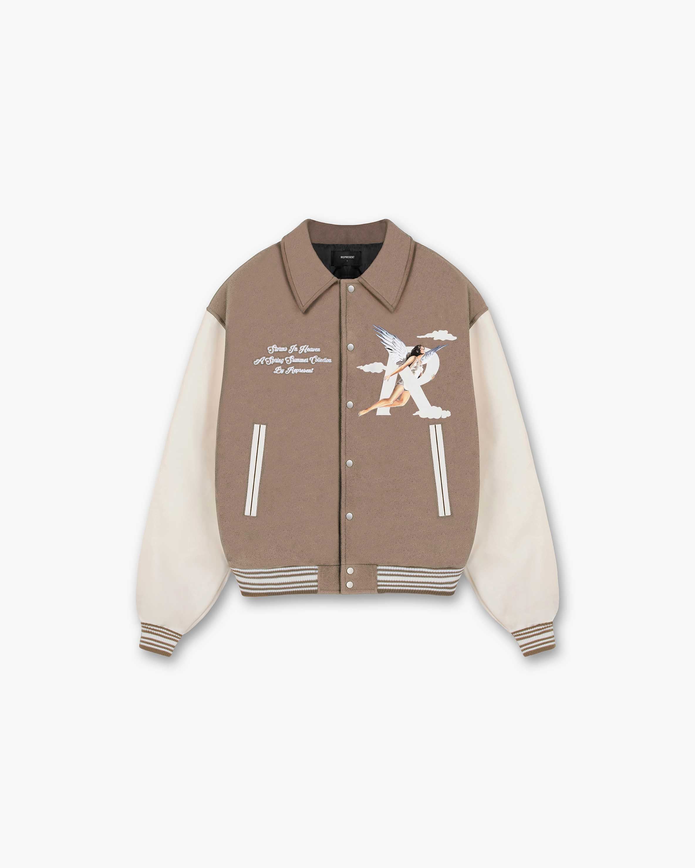 Storms In Heaven Varsity Jacket - Stylish Mushroom Color Baseball Jacket for Men & Women | Perfect for School, Sports & Casual Outfits