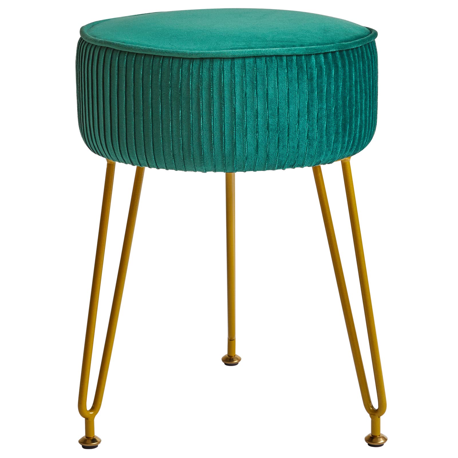 Velvet Round Ottoman Stool with Gold Steel Legs - Makeup Vanity Seat, Side Table, Sofa Stool in Emerald Green - Perfect for Bedroom, Living Room & Dressing Area