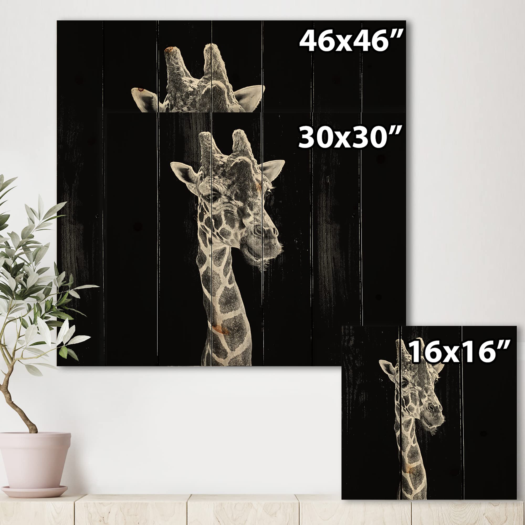 DesignQ Close-Up Portrait of a Giraffe II - Farmhouse Wood Wall Decor, Black Wood Wall Art, Large Animal Wood Panels Printed on Natural Pine - Perfect for Living Room, Nursery, or Office Decor