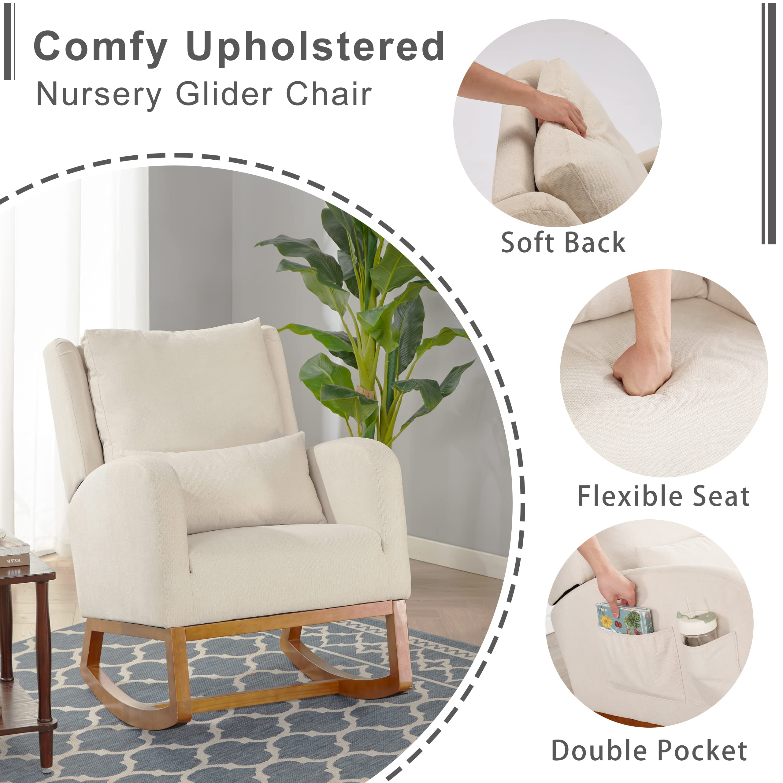 Modern Nursery Glider Rocking Chair with Side Pockets & Lumbar Support - High Back Accent Rocker for Living Room, Bedroom, Nursery - Beige | Perfect for Breastfeeding, Reading Nook & Relaxation