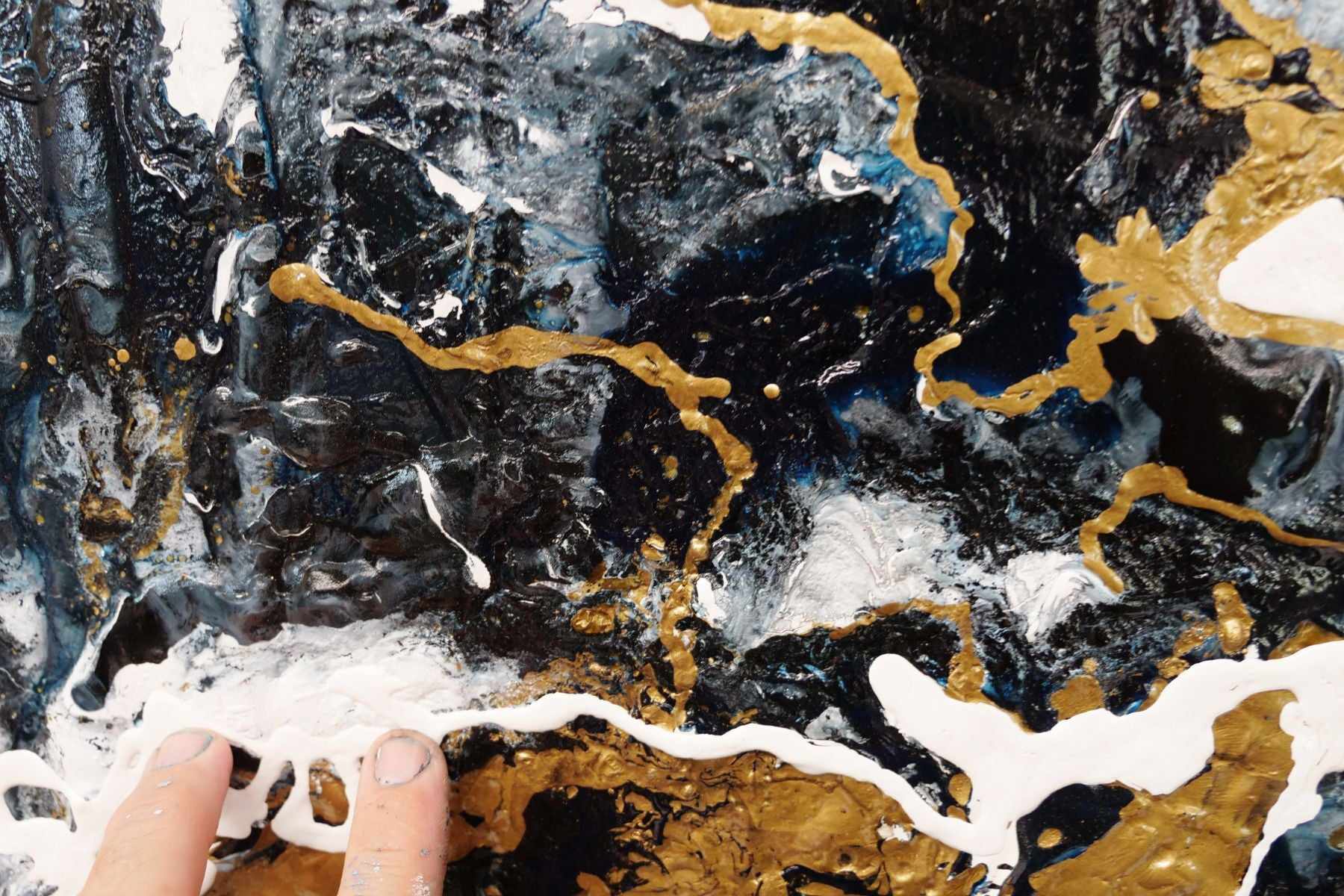 190cm x 100cm Black Metallic Gold Blue Abstract Textured Canvas Art Painting - Modern Wall Decor for Living Room, Bedroom & Office