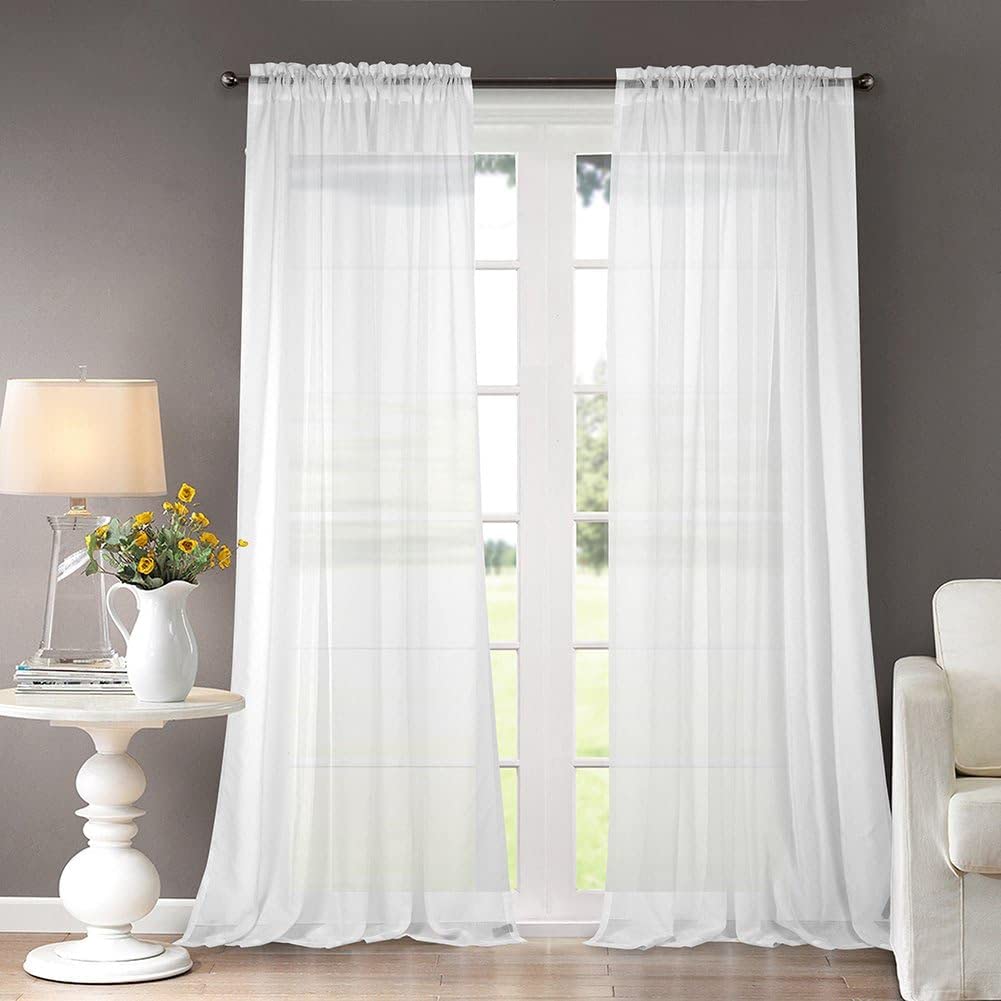 Dreaming Casa White Sheer Curtains - 2 Panels Rod Pocket Window Drapes 72x96 Inches for Living Room & Bedroom | Light Filtering Privacy Curtains