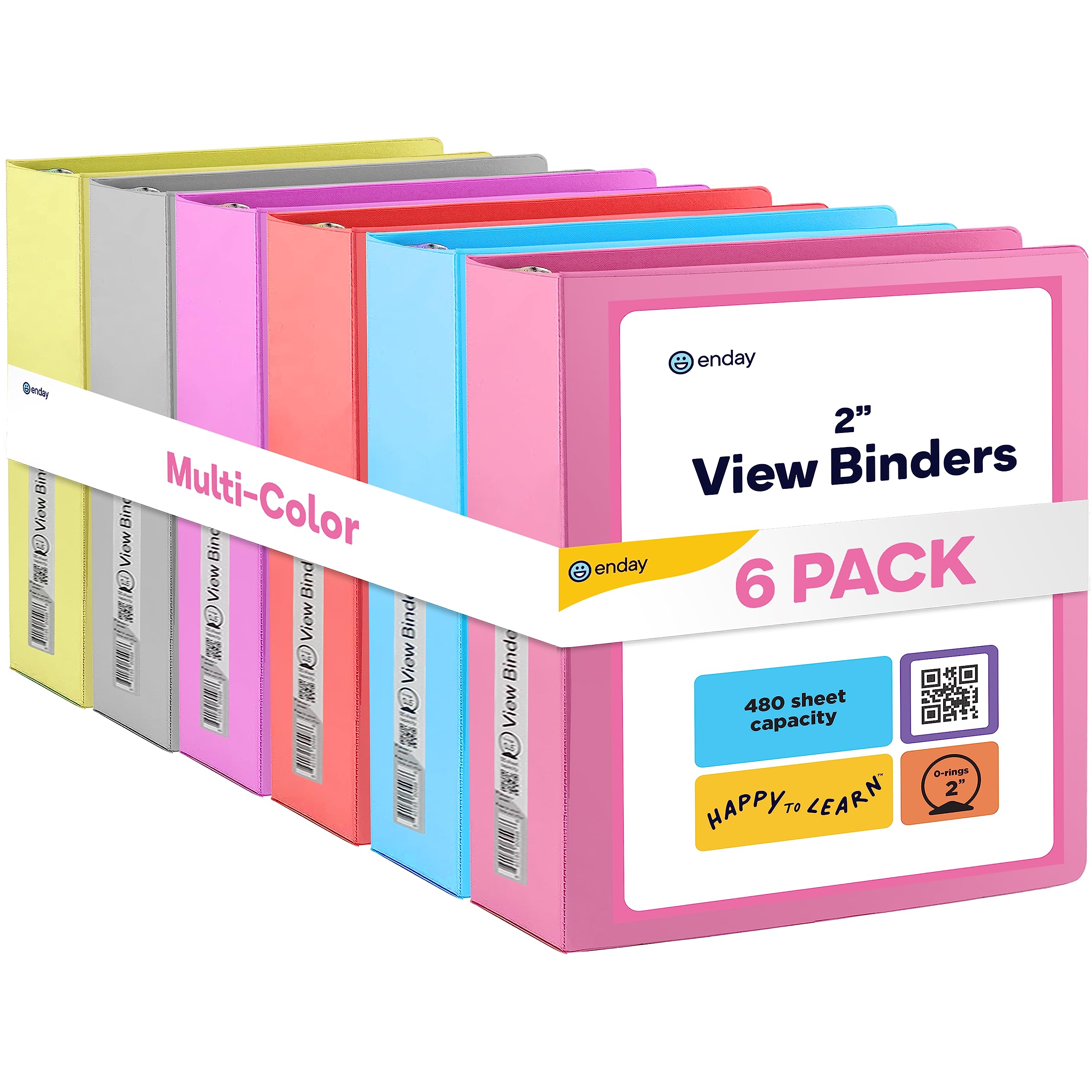 Enday 3 Slant D-Ring Binder 2 Inch - Heavy Duty Clear View Binders with Inside Pockets for School, Office & Home Organization (6 Pack, Assorted Colors - Grey, Blue, Pink, Red, Green, Purple) - Perfect for Students, Teachers & Professionals